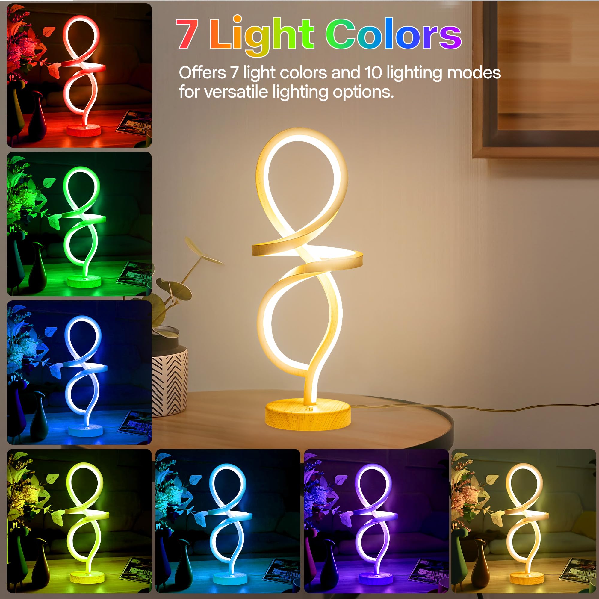 Mayful Modern Table Lamp, Led Spiral Lamp, Rgb Table Lamp, Wood Grain Bedside Lamp With 7 Colors 10 Light Modes, Touch Dimmable