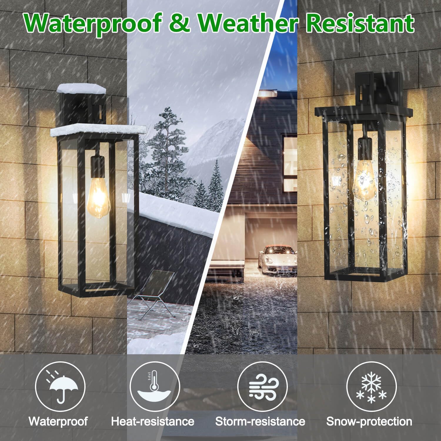 tewei 2 Pack Outdoor Wall Lantern, 20" Matte Black Waterproof Light Fixture, E26 Base, Clear Glass Shade