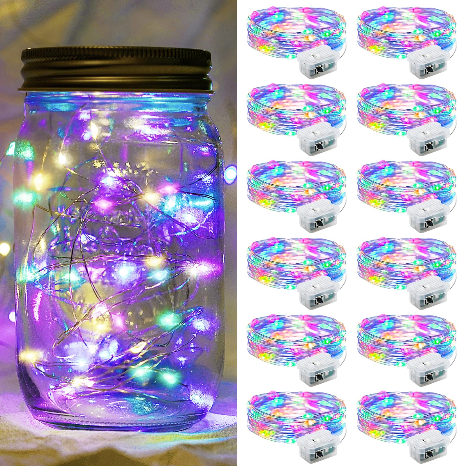 chzk 12 Pack Fairy Lights 7Ft 20 LED Twinkle String Lights Battery Operated Lights Waterproof Firefly Starry Lights Mason Jar Lights for Party Halloween Christmas Valentines Day
