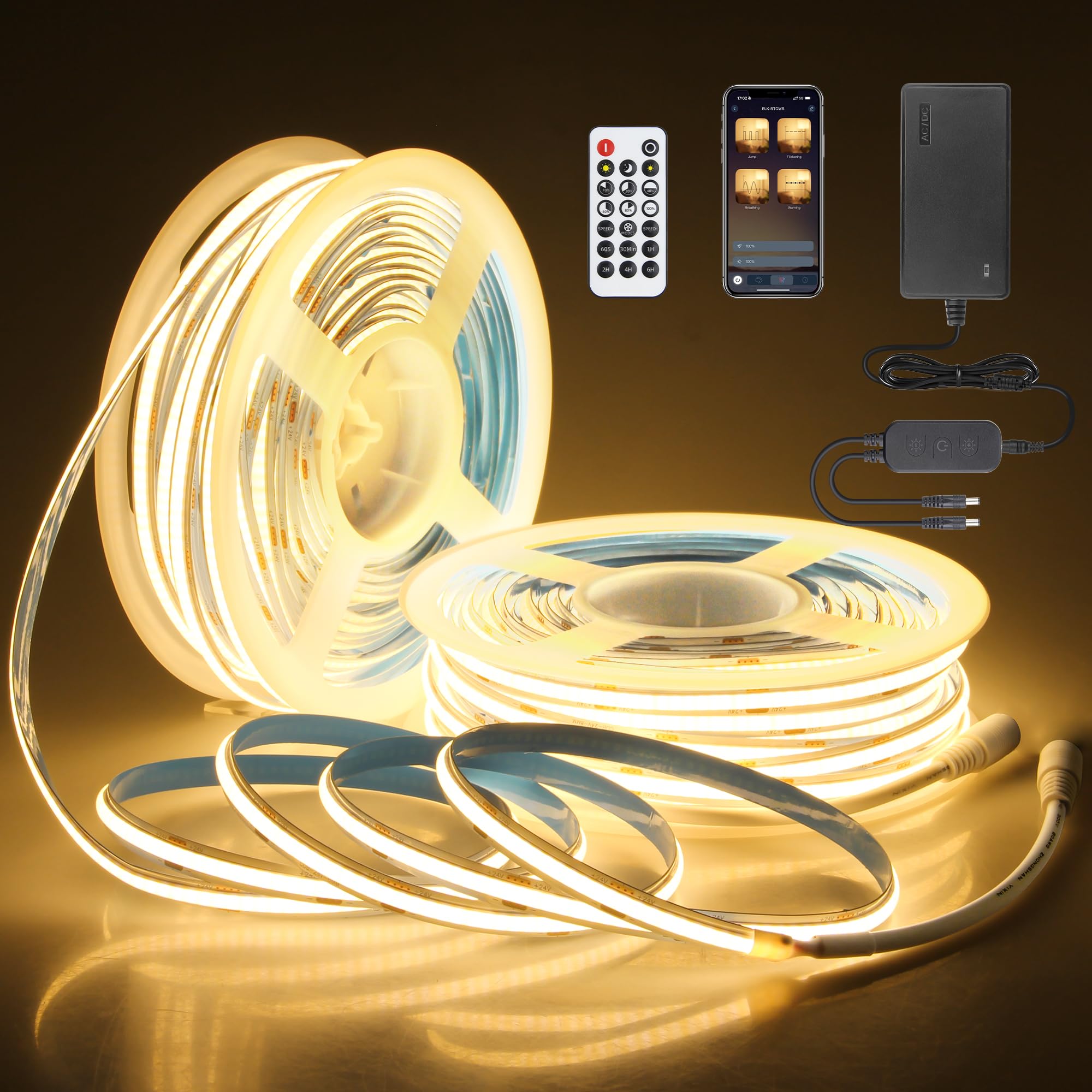 24V Cob Led Light Strip 3000K 100Ft Bluetooth Dimmable Flexible Cob Led Strip Tape Light With Remote For Bedroom Warm White Cri90+ 480Led/M Hight Density Super Bright For Home Lighting 30M/2Roll