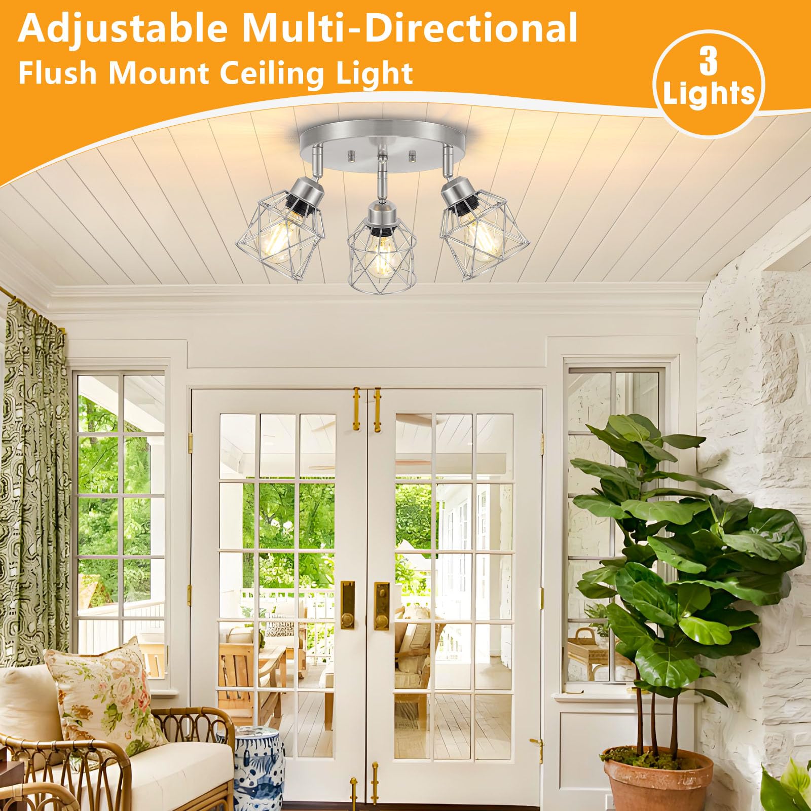 Baocuz 3-Light Semi Flush Mount Ceiling Light, Adjustable E26 Base, Metal, Silver, Model XLZCBN-3