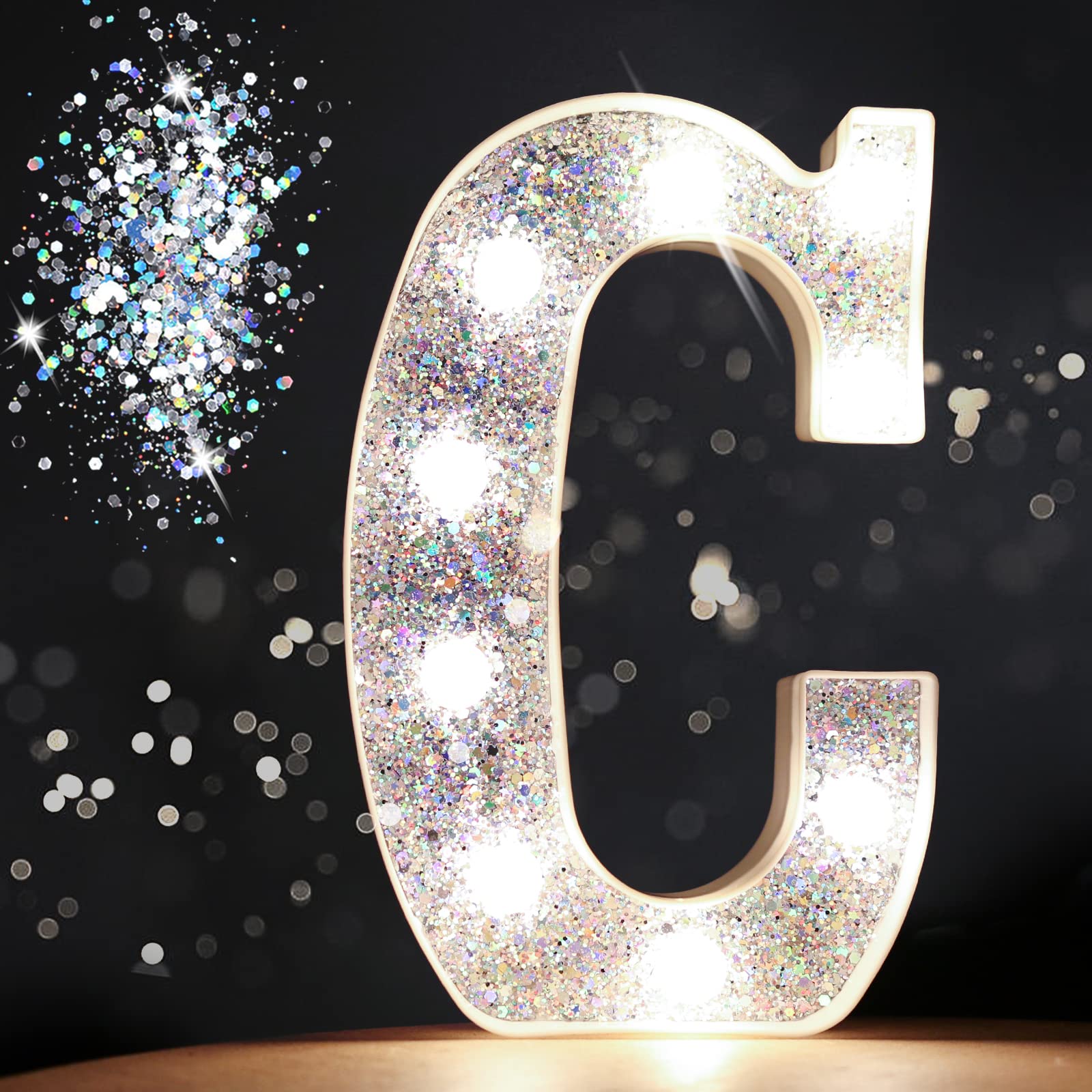 Pooqla Led Marquee Letter Lights, Light Up Silver Letters Glitter Alphabet Letter Sign Battery Powered For Night Light Birthday Party Wedding Girls Gifts Home Bar Christmas Decoration, Silver Letter C