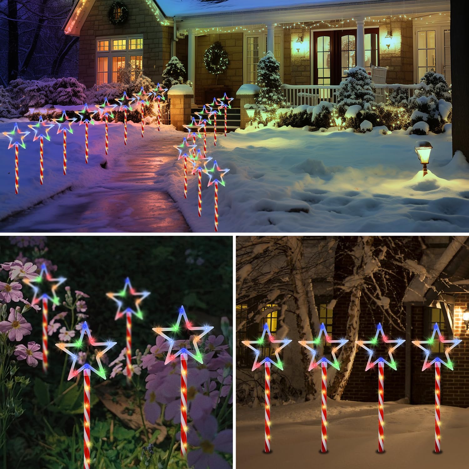 Christmas Decorations Multi-Color Star Lights Solar Garden Lights, Outdoor Waterproof Landscape Path Lights With Red Stake, 8 Pa