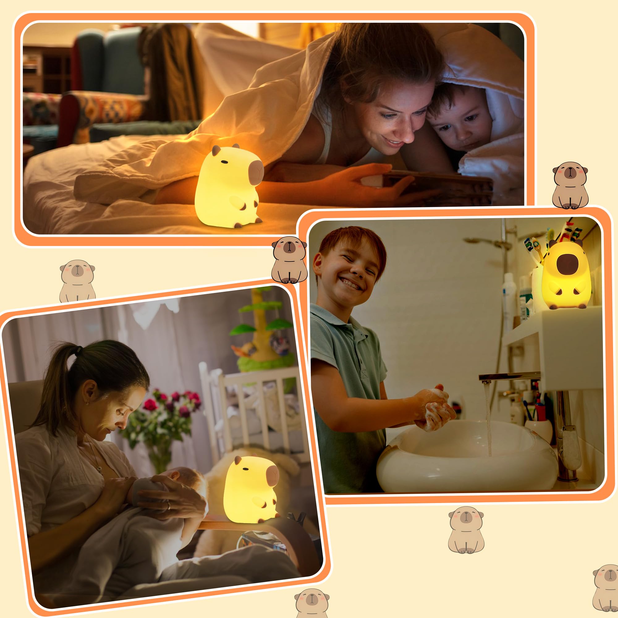 Okayera Capybara Night Light, Silicone Lamp, Dimmable, Rechargeable, Model DS-CPBR-01, White, Perfect for Kids and Nursery Decor