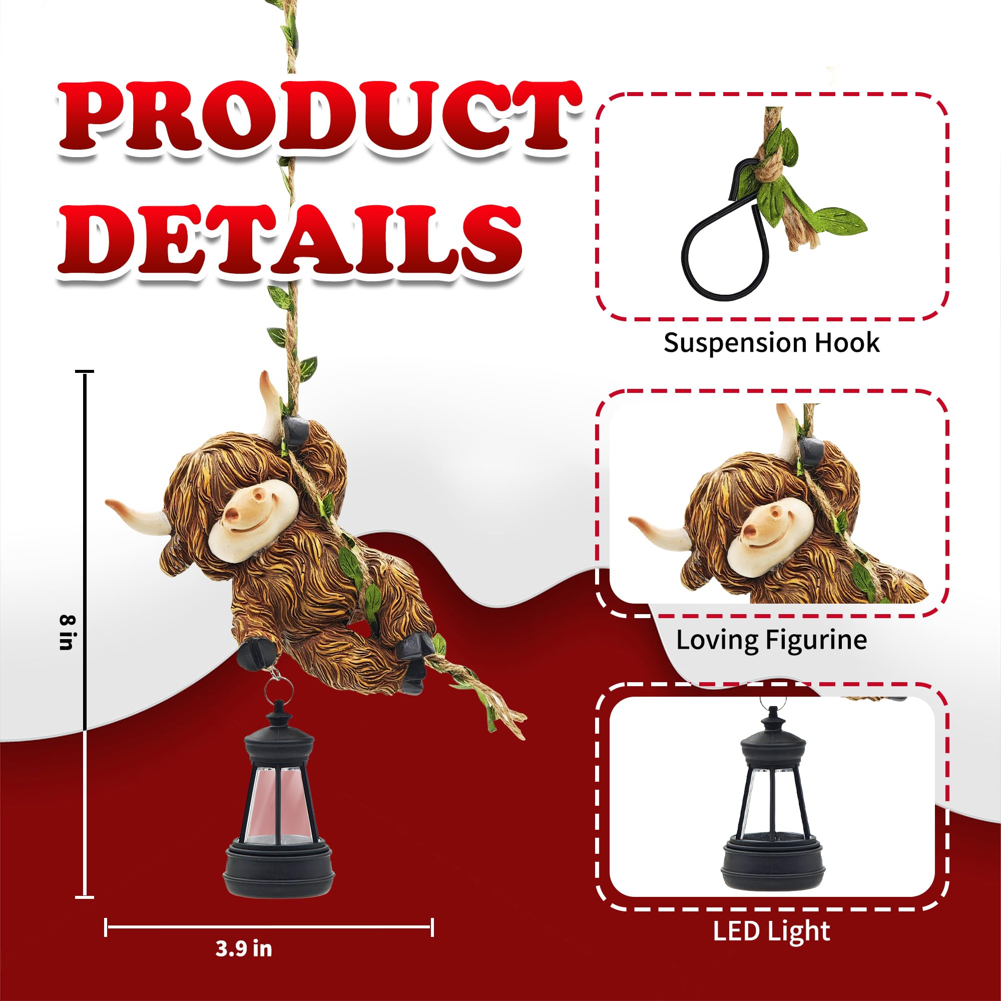 Cffownug Hanging Christmas Highland Cow Decor: Garden Cow Statues With Solar Lantern Tree Decorations For Outdoor Yard Lawn Patio Porch Ideal Gardening Gifts For Mom Grandma Women
