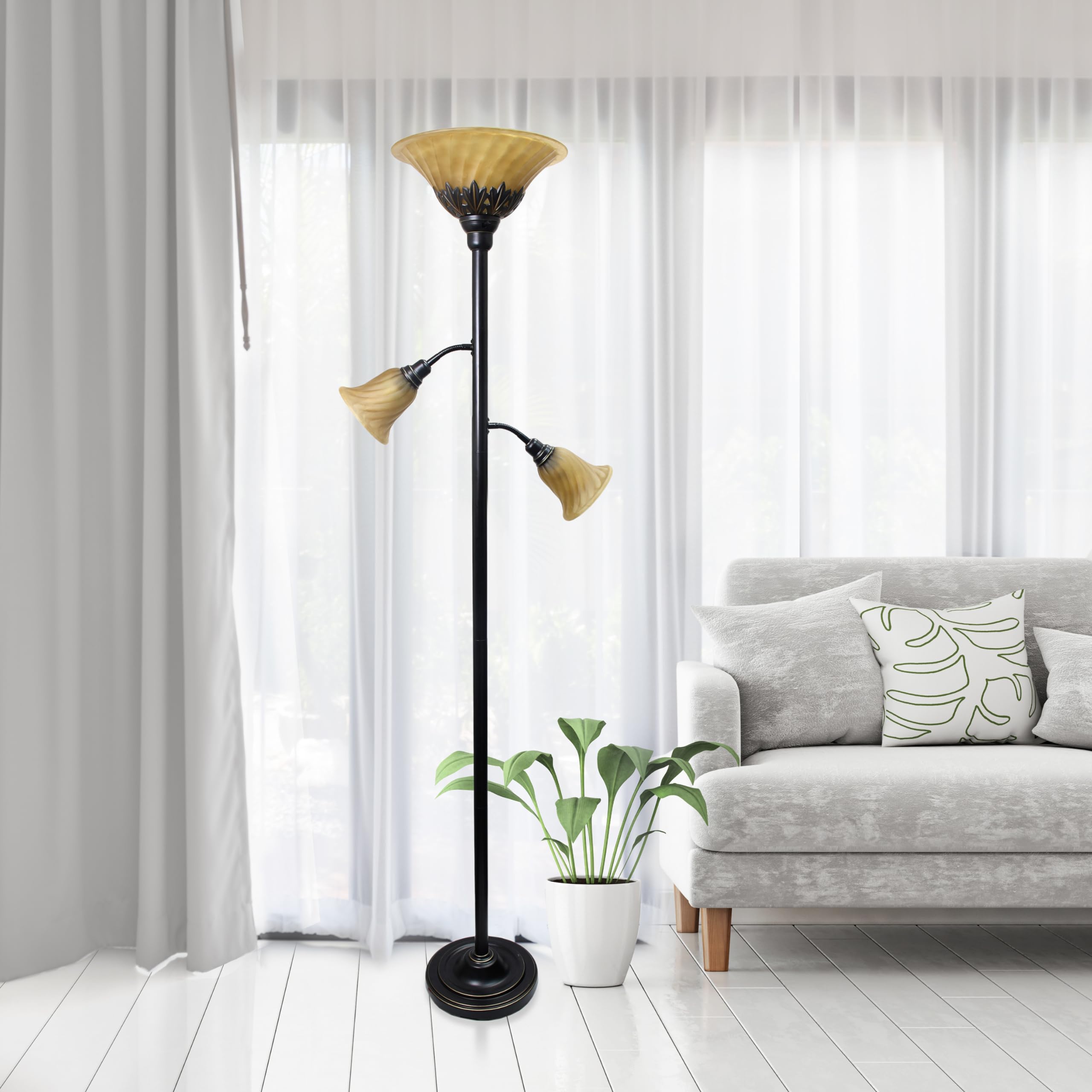Elegant Designs Lf2002-Rbz 3 Light Floor Lamp With Scalloped Glass Shades, Restoration Bronze/Champagne