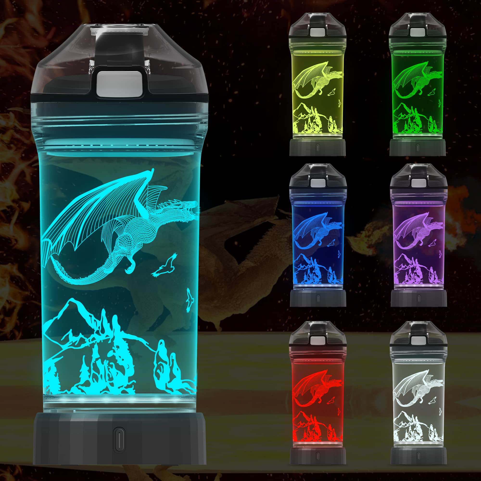 Attivolife Dragon Watter Bottle  3D Illusion Glowing LED Light with 7 Color Changing Lights - 14 0z BPA Free - Creative Ideal Travel Cup Dinosaur Gift for School Boy Kid Child Holiday Camping Picnic