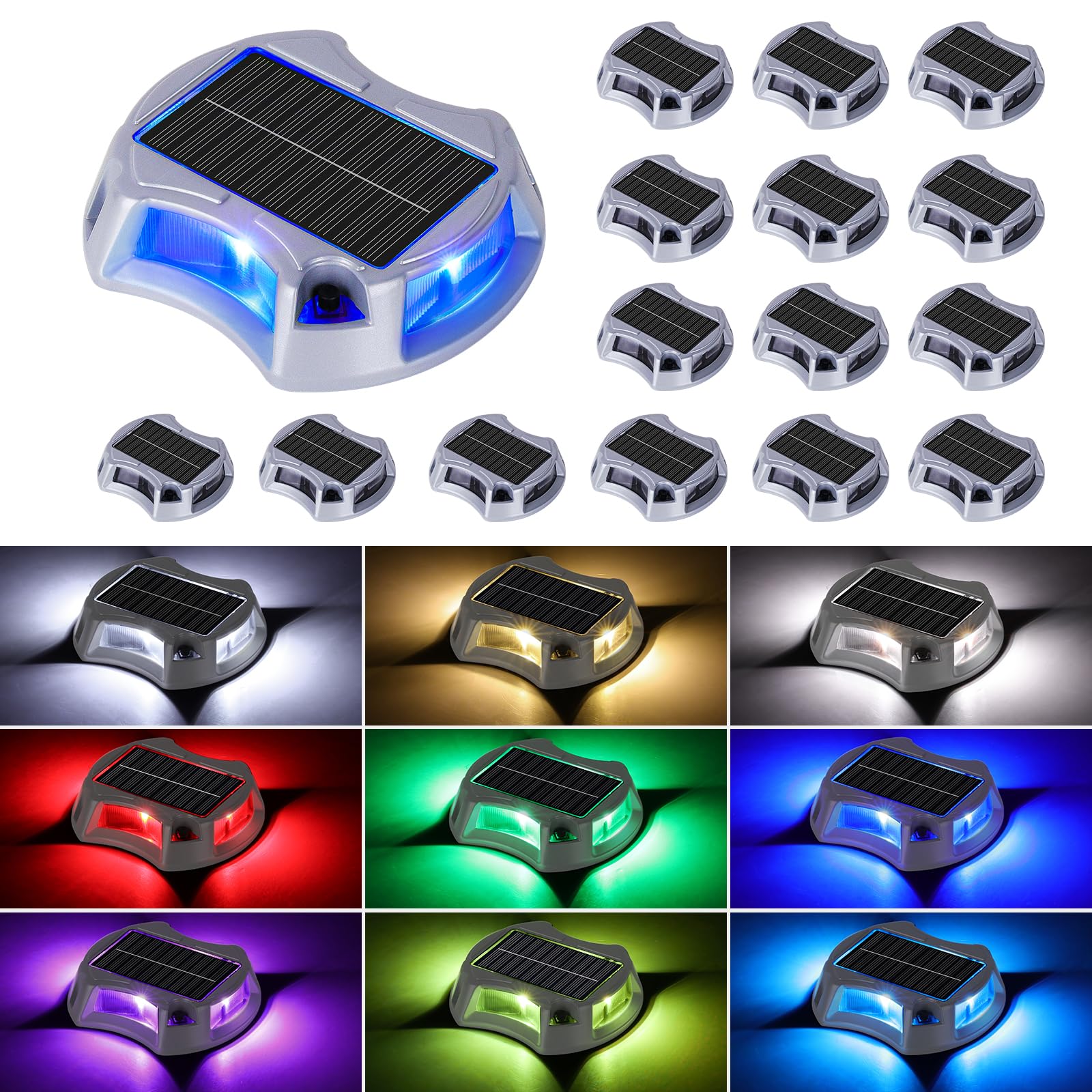 Bosceos Solar Driveway Lights Outdoor 16-Pack, Solar Deck Lights RGB Color Modes Dock Light Waterproof Driveway Markers Step Lig