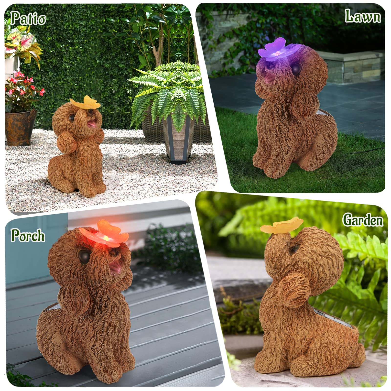 PaLuQiYa Dog Statues Outdoor Decor - Solar Resin Dog Ornaments for Garden, Patio, Lawn - Teddy Color, Ideal Housewarming Gift