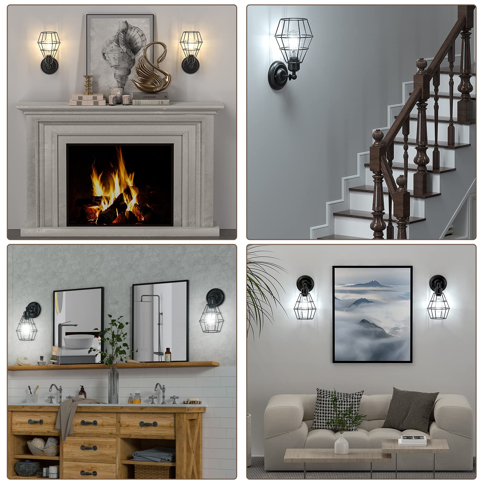 Elibbren Industrial Wall Sconce, Vintage Wire Cage Design, Metal, Black, 2 Pack