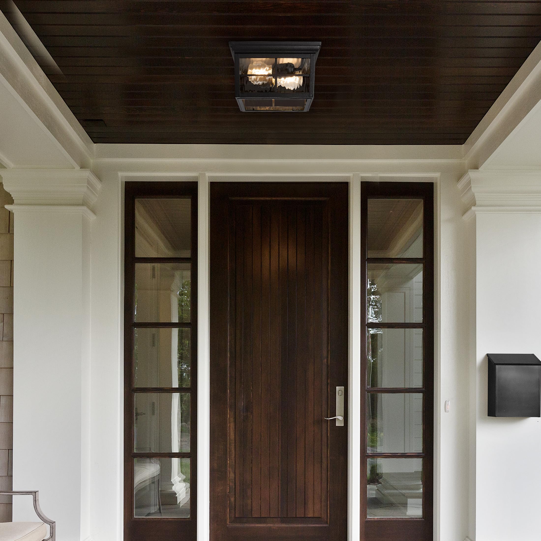 Maxxima Outdoor Flush Mount Ceiling Light Fixture, Black W/Water Glass, 2-Light Square Farmhouse Porch Or Patio Light, Close To