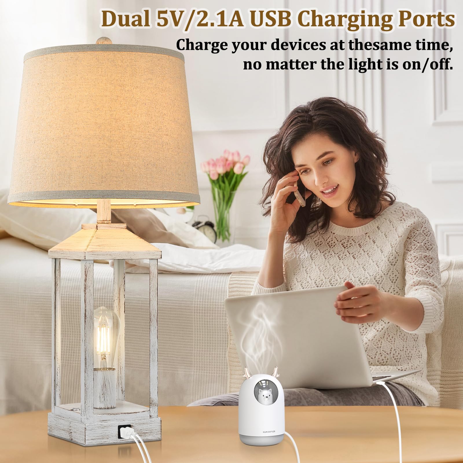 Brightever 28" 3-Way Dimmable Touch Control Bedside Table Lamp, White Rustic Farmhouse with USB Ports, 2 Bulbs Included