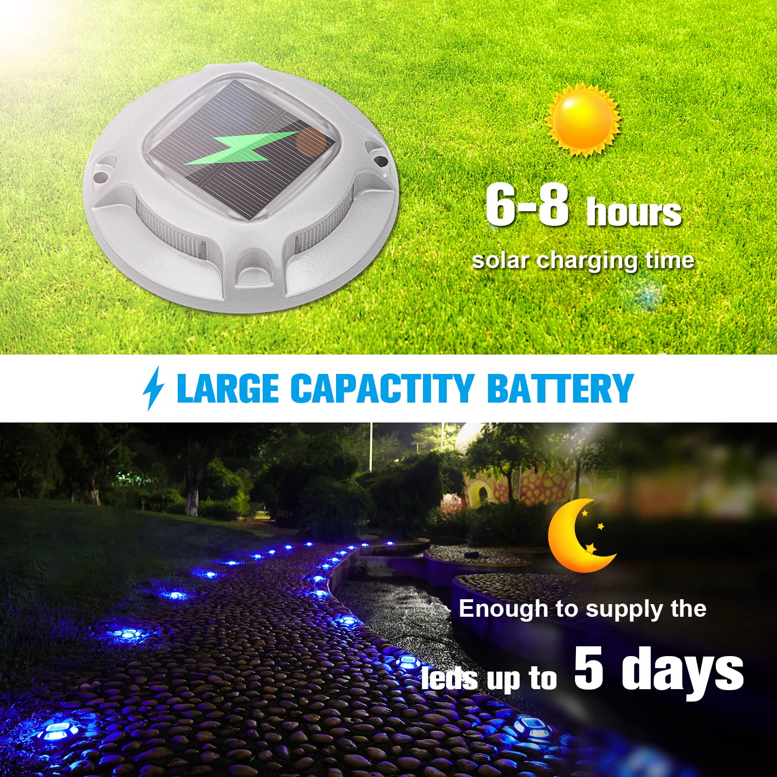 VOLISUN Solar Driveway Lights 20 Pack, Waterproof LED Deck Lights, Blue/White, Aluminum, Model 21354ZM