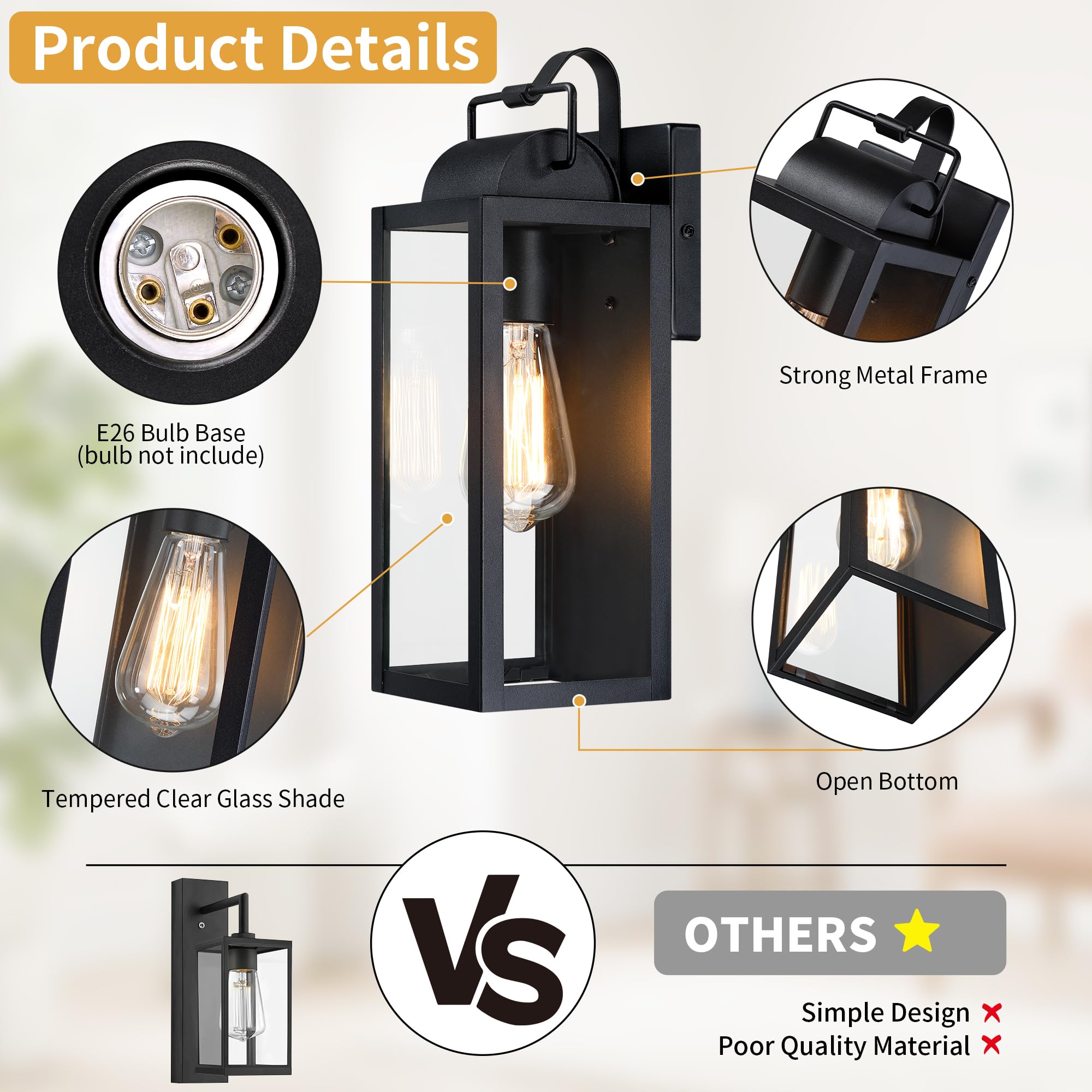 Yklitg 14'' Large Outdoor Wall Light Fixture, Sand Black Exterior Wall Lantern,Industrial Sconce With Clear Glass Shade For Hous