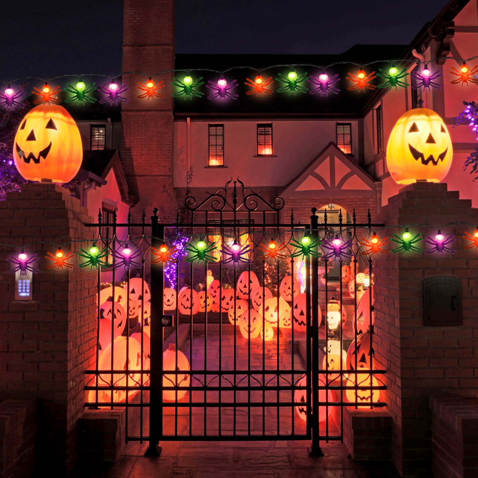 Oviejo Halloween Spider String Lights, 8.5FT Multi-Color LED Lights with 10 Spiders, Black Wire for Outdoor Party Decor
