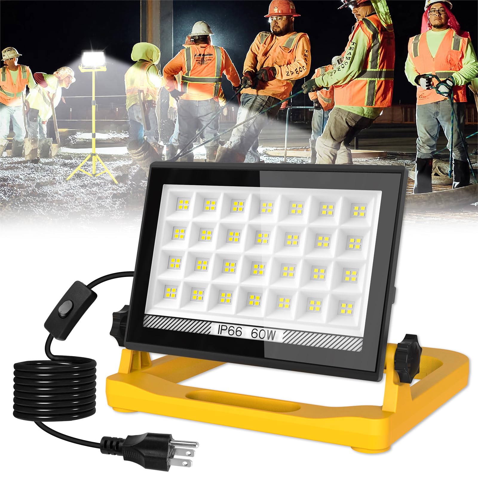 T-Sun Led Work Light With Stand  60W 6000K Led Flood Light Outdoor With 13Ft Cord  3 Adjustable Lighting Magnetic Base/Hook Design  Portable Work Lights For Job Site  Construction  Workshop  Garage