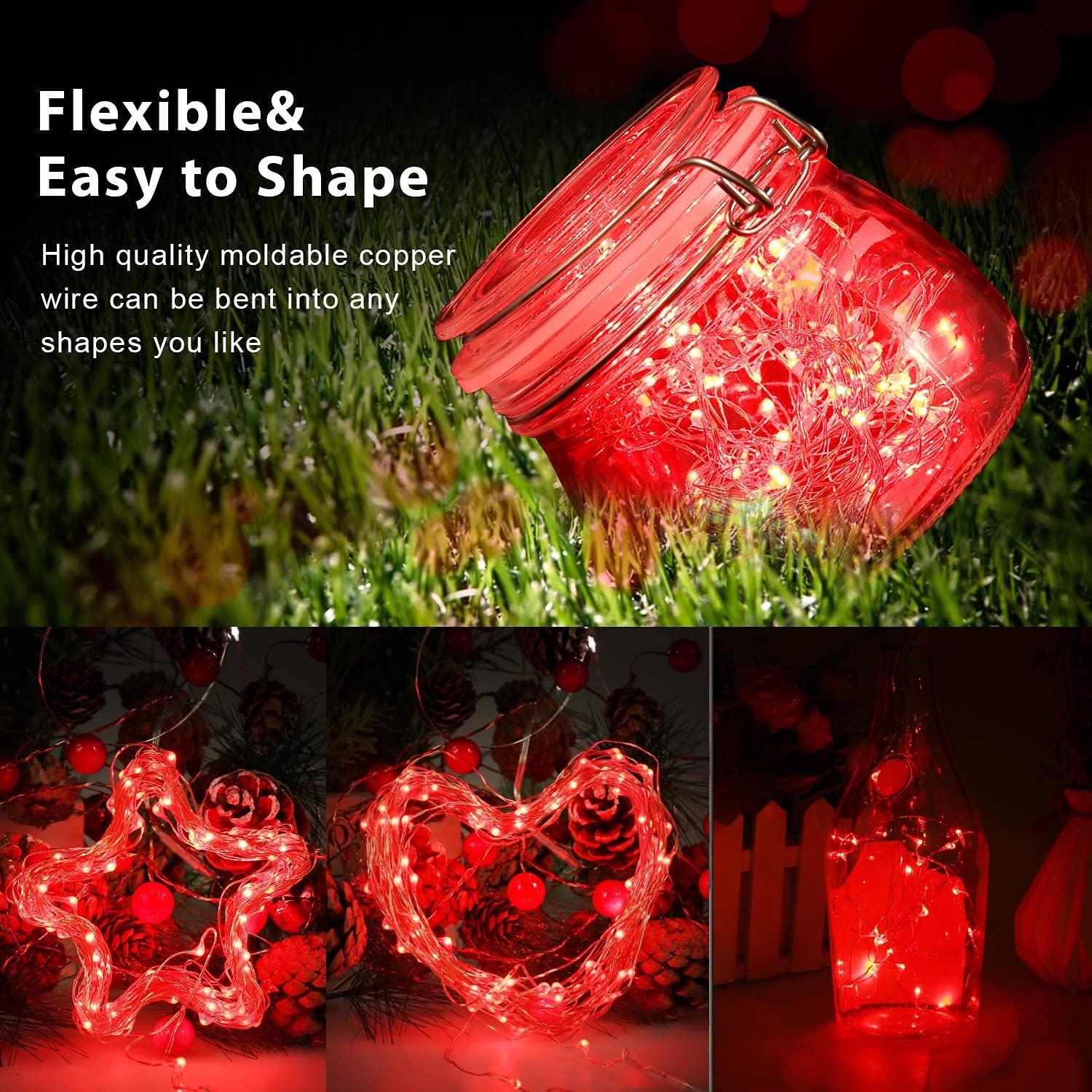 Qitong 4 Pack Red Solar Fairy Lights, 400 Led Waterproof String Lights For Outdoor Xmas Decor