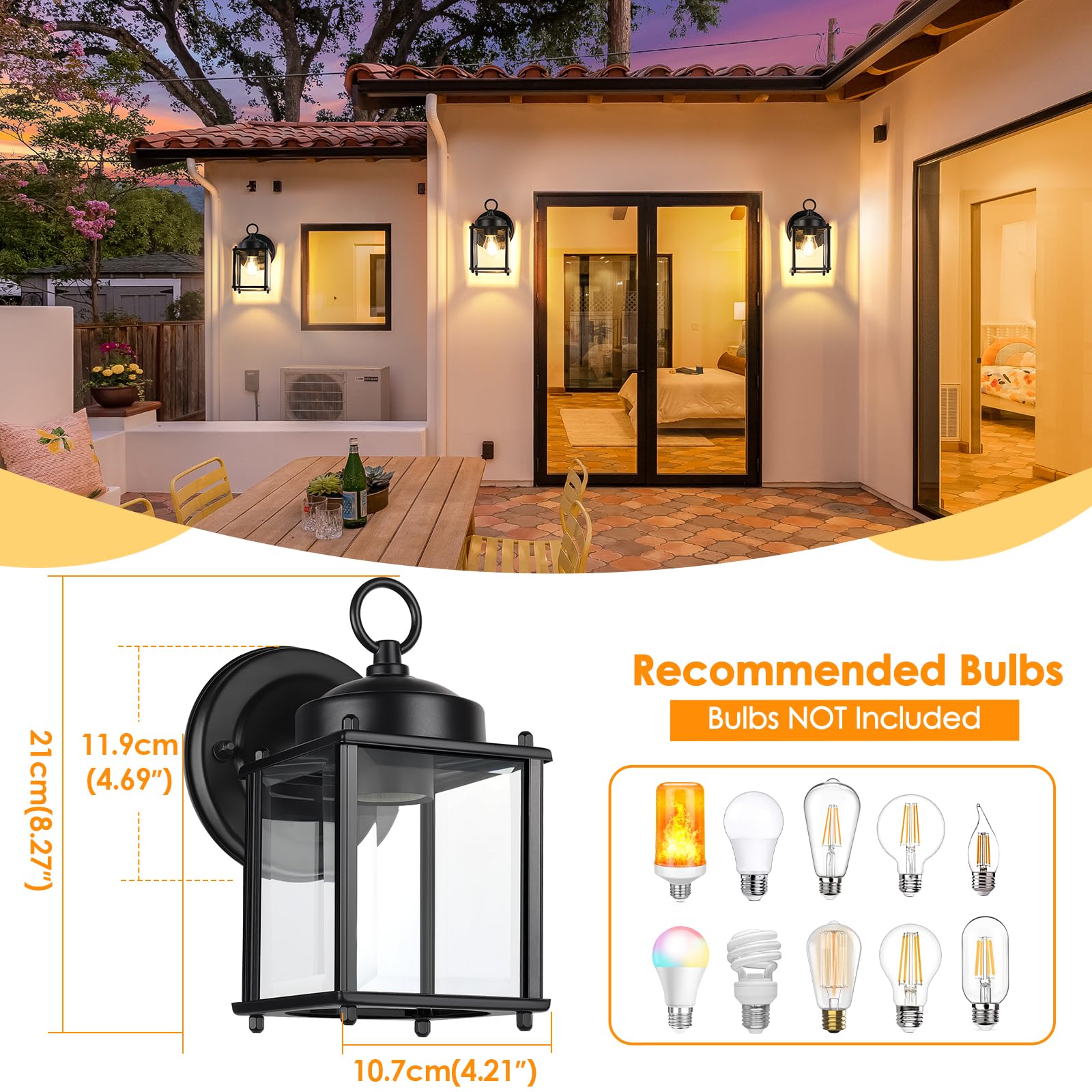 MATAMEYE Outdoor Wall Lantern 2 Pack, Waterproof Black Iron Sconce with Clear Beveled Glass Shade, 8.27 inch, Model GS8648
