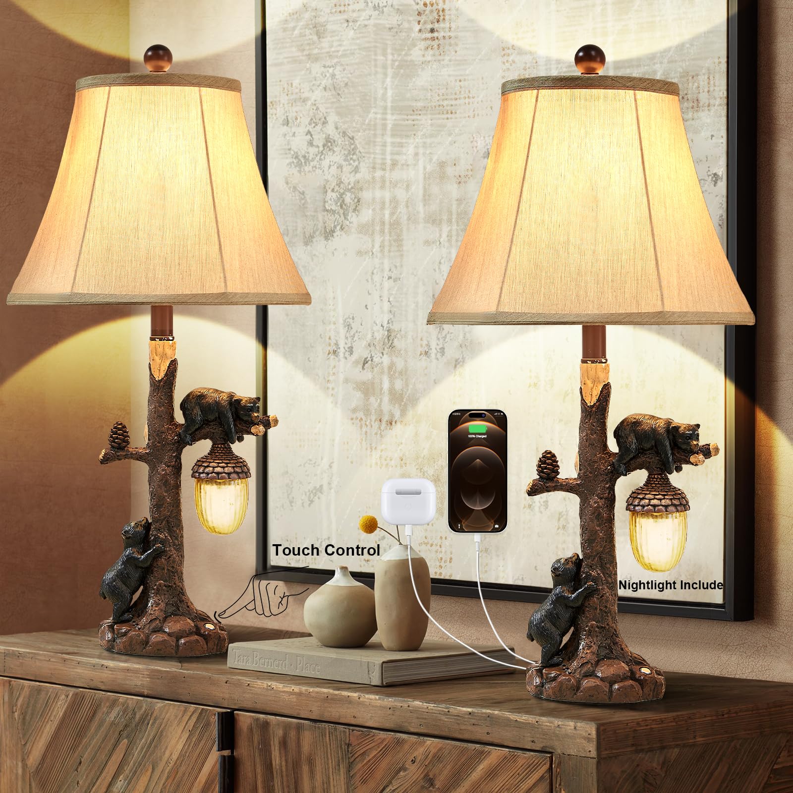 Lokhom Rustic Western Bear Table Lamp With Nightlight Set Of 2, 26“ Rustic Bedside Lamp With Usb & Type C, Touch Control Natural Bears Table Lamp For Bedroom Living Room Foyer Office Gift