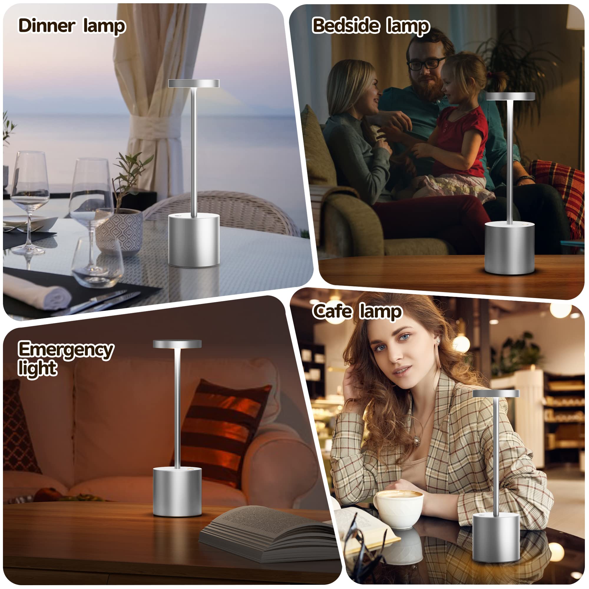 YIBEN Cordless Table Lamp, Rechargeable LED, 5000mAh, 3 Levels Brightness, 10.25in, Silver, 2-Pack, Model S801-B