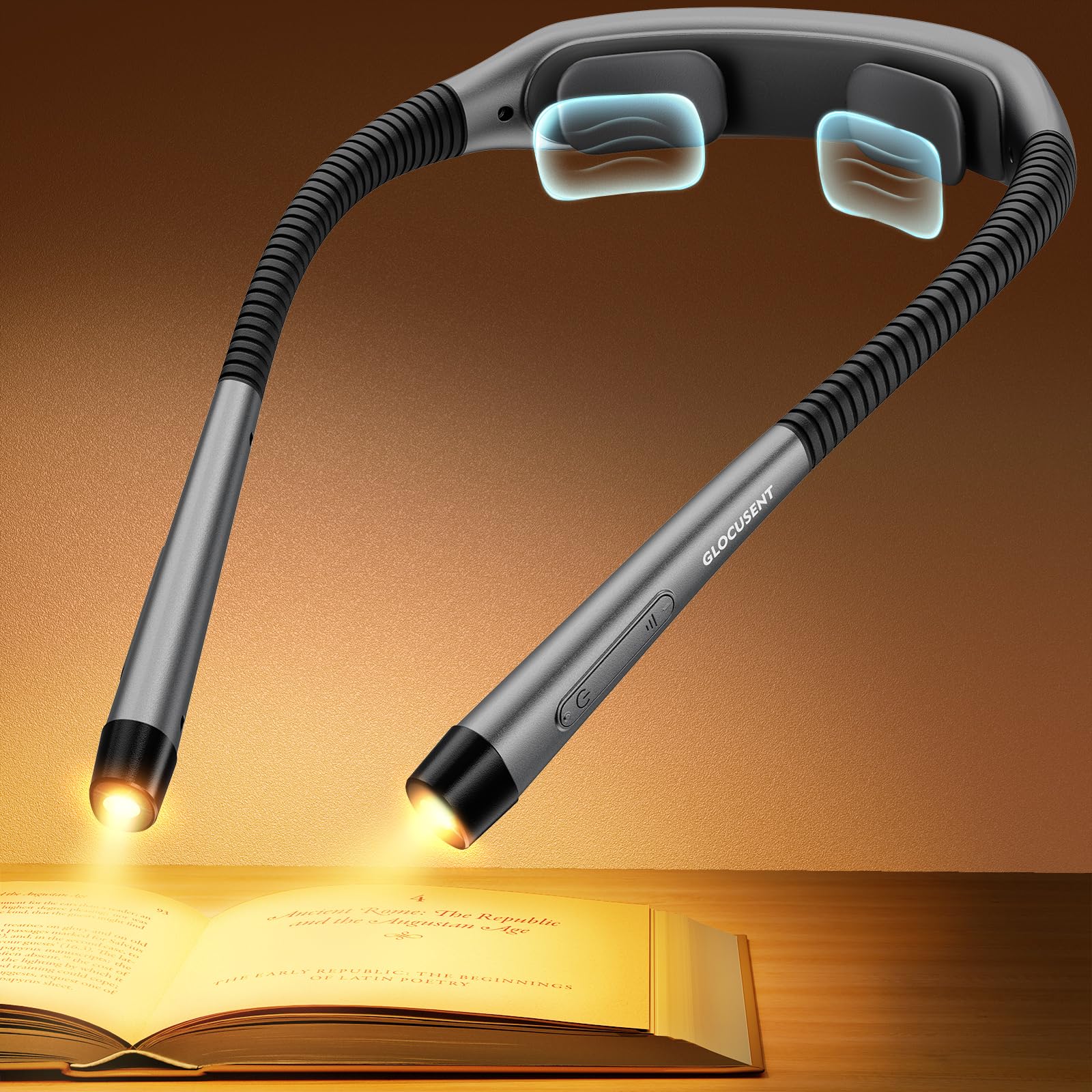 Glocusent Ergonomic Reading Light, 1600mAh Rechargeable Book Light for 100 Hrs - 3 Colors & 5 Brightness, Neck Light with Timers