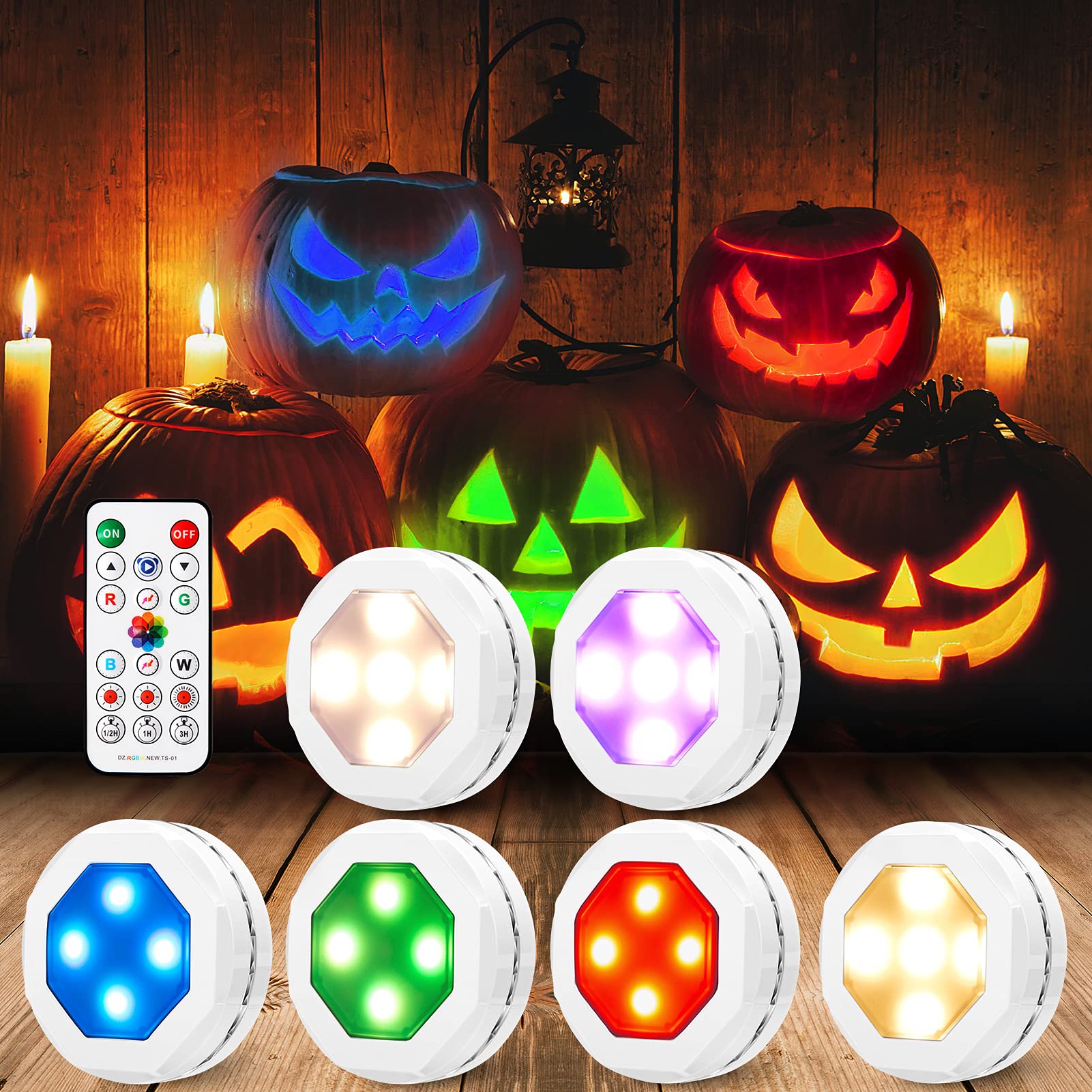 Litake Halloween Pumpkin Lights - Color Changing Rgb, Battery Operated, Remote Control, 6 Pack