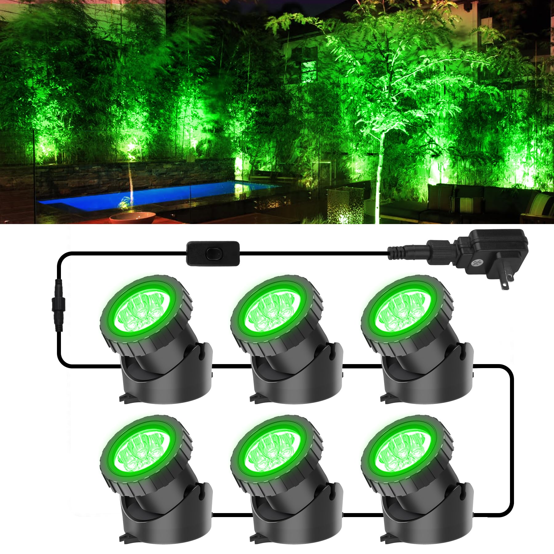 Crepow Ip68 Waterproof Green Led Pond Lights - Submersible Spotlights For Garden, Pool, Aquarium (6-Pack)