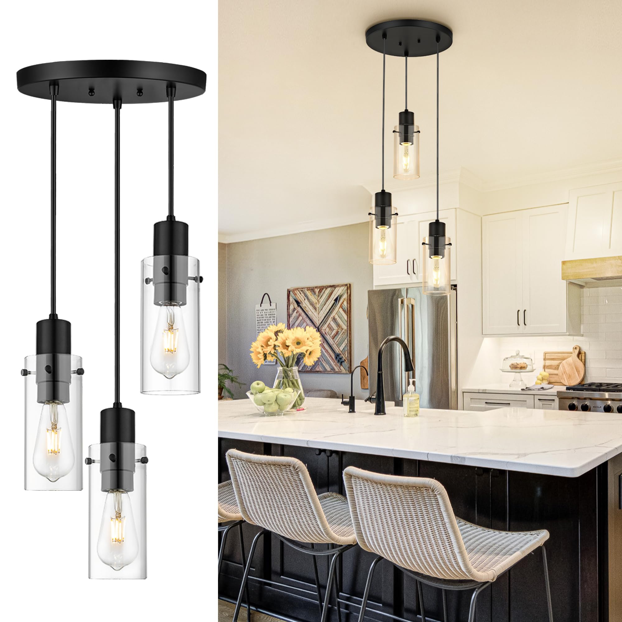 Emak 3-Light Pendant Lights Kitchen Island, Modern Farmhouse Black Pendant Light with Clear Glass Shade, Cluster Hanging Lights 