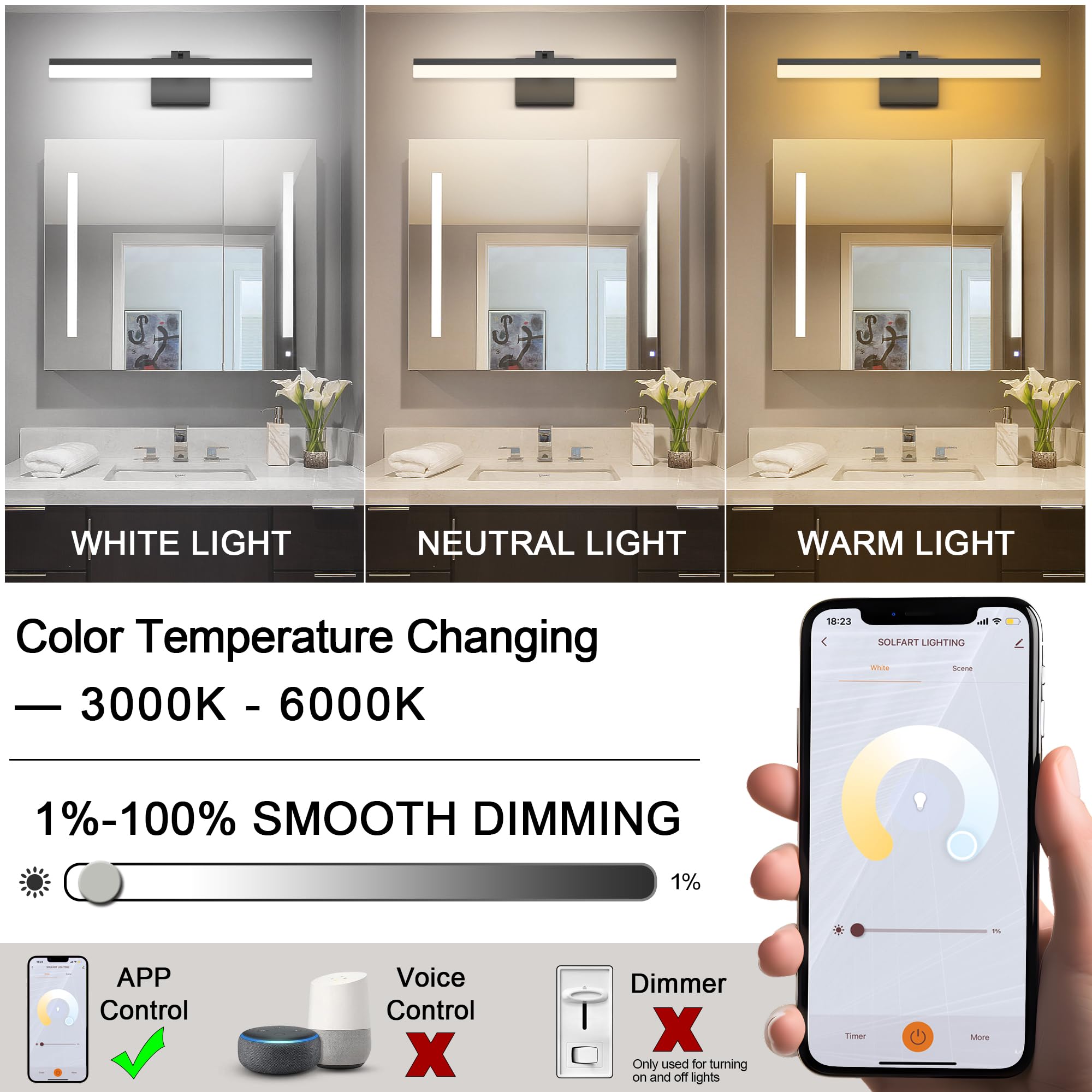 SOLFART Black Vanity Light Fixtures, 23.6 Inch LED Over Mirror, Adjustable Color Temperature, Dimmable, Aluminum, Model 8778-600mm