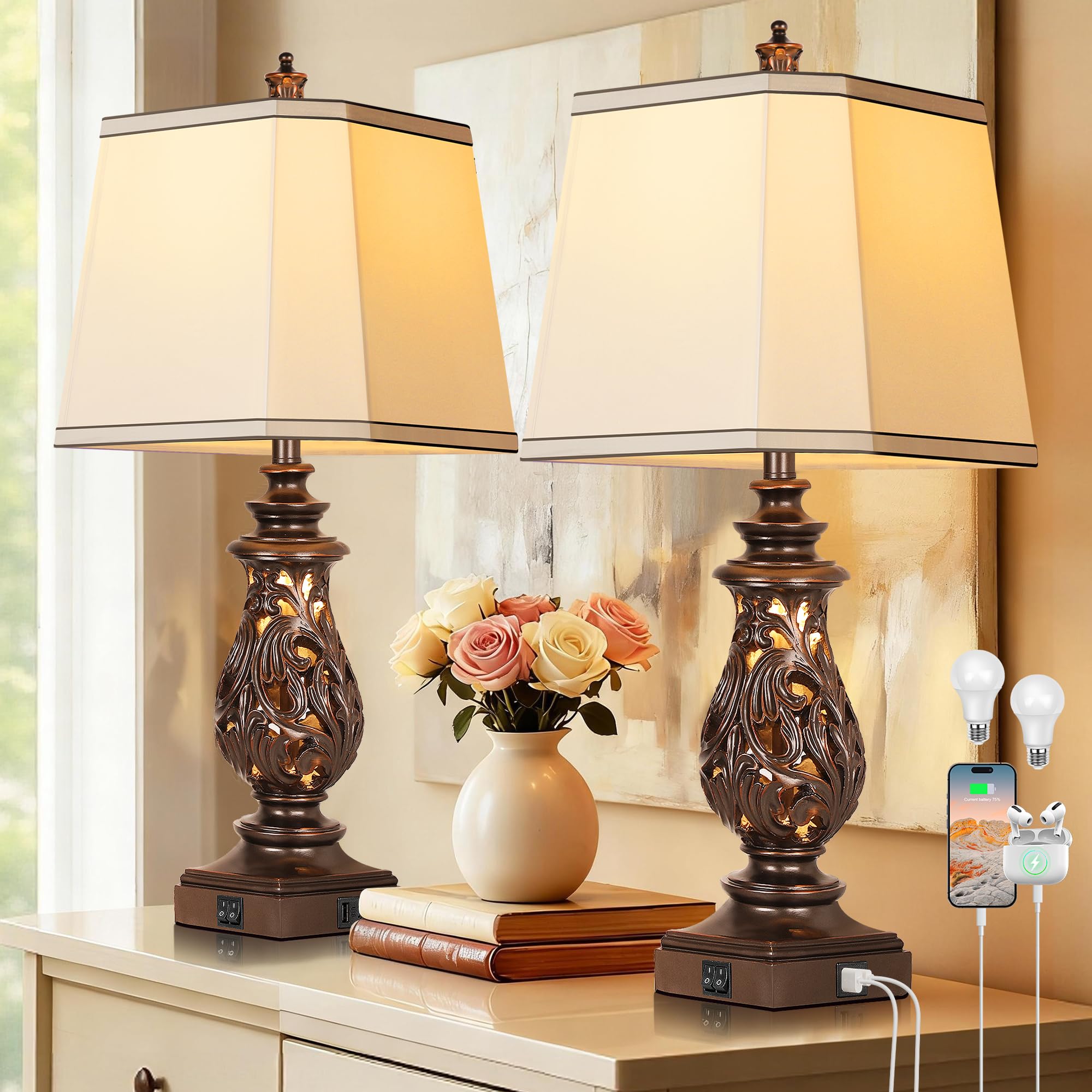PARTPHONER 29 Table Lamps Set of 2  Bedside Lamps with USB A+C Ports & Night Light  Farmhouse Nightstand Lamps with Faux Silk Shades for Bedroom Living Room  Vintage Brown (LED Bulbs Included)