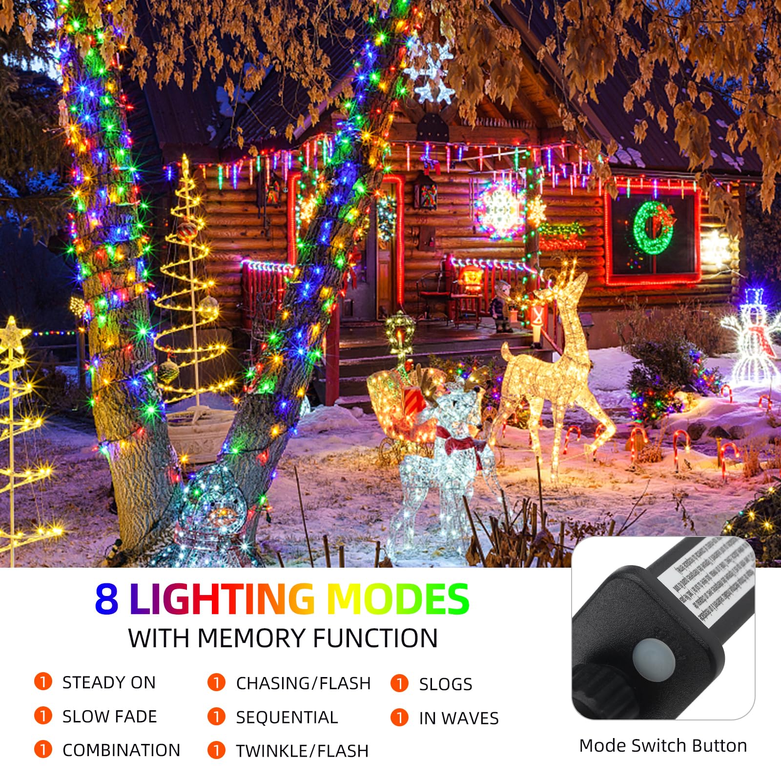 Mzd8391 170Ft 500Leds Christmas Lights Outdoor Indoor String Lights 8 Modes Memory Function For Christmas Tree Party Decoration, 100% Ul Listed (Multicolor)