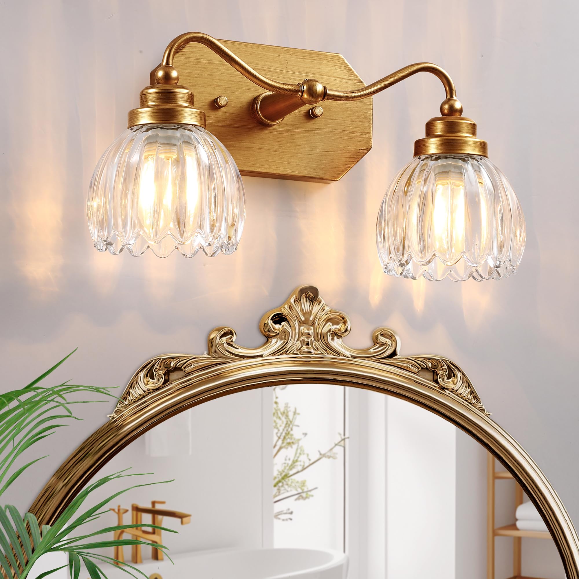 Cmnvmn Vintage Bathroom Light Fixtures  2 Light Gold Bathroom Vanity Light  Matte Antique Brass Finish With Crystal Glass Shade  Wall Sconces Lighting For Bedroom  Living Room  Hallway