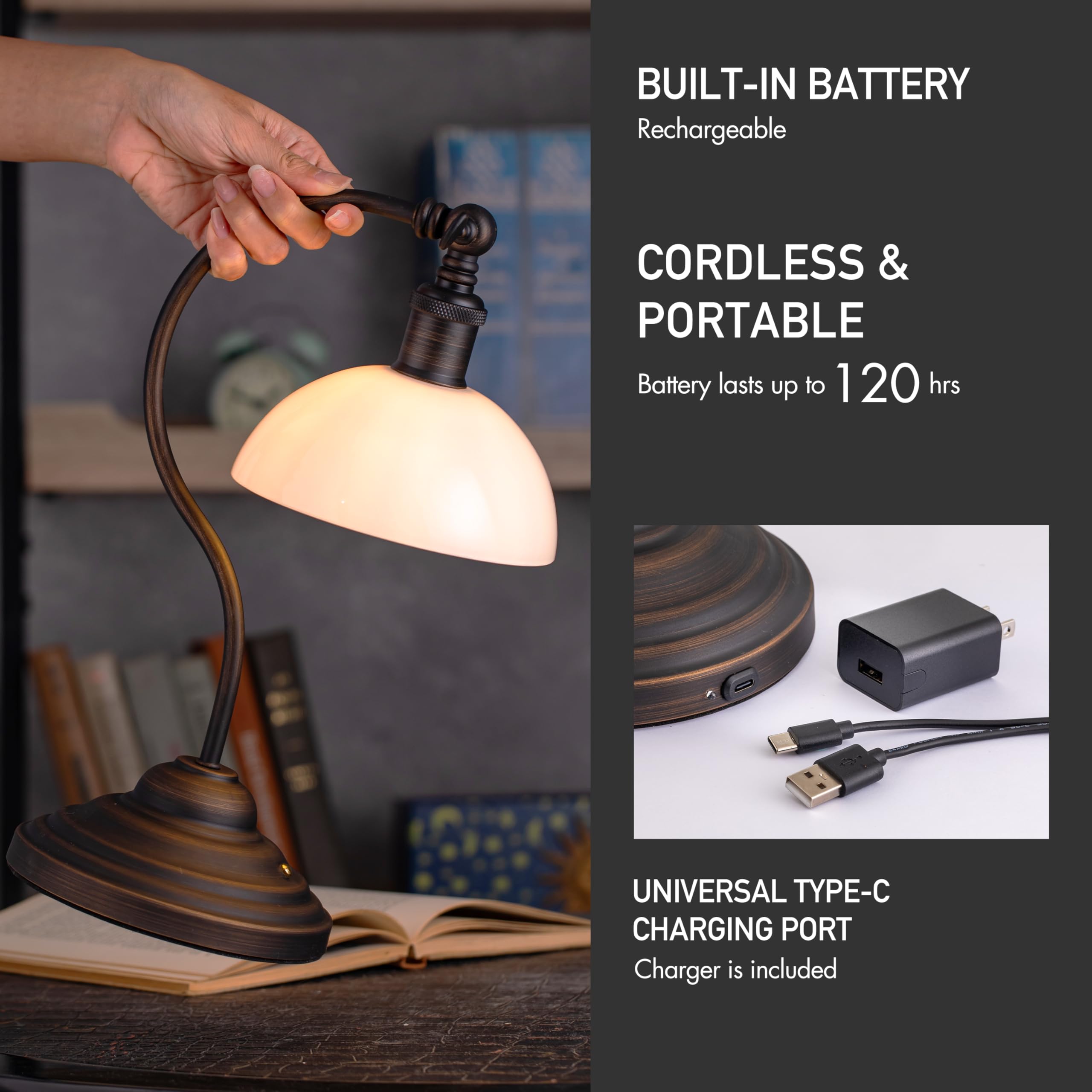 O'Bright Cordless LED Table Lamp - Rechargeable, 3-Level Dimming, USB-C, Oil Rubbed Bronze & White Glass, Model OB-TL23B