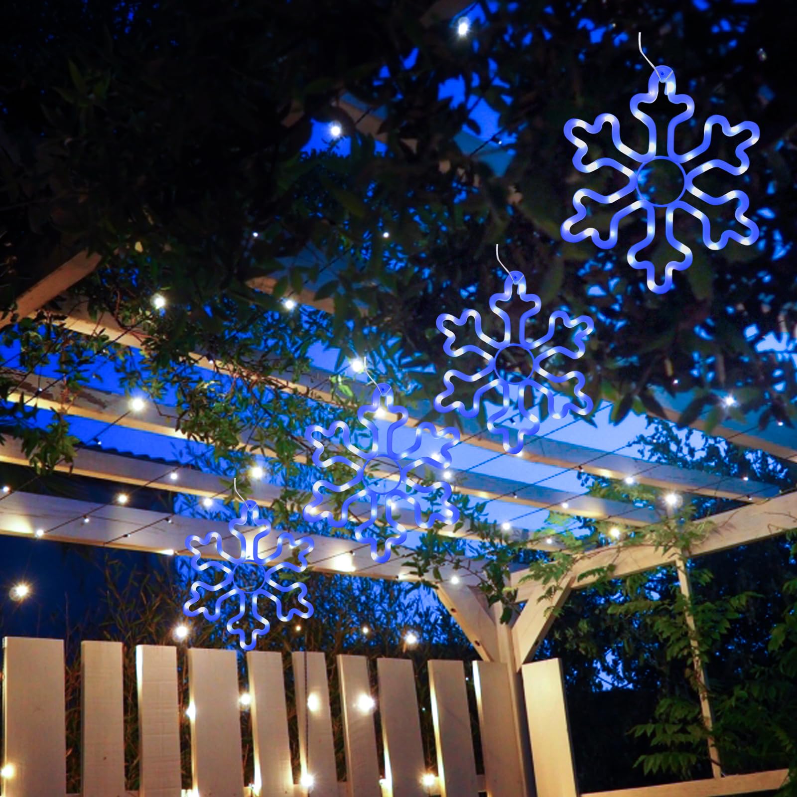 HuiZhen LED Snowflake Lights, 4pcs 144LED Blue String Lights, 8 Modes & Timer for Outdoor Christmas Decorations