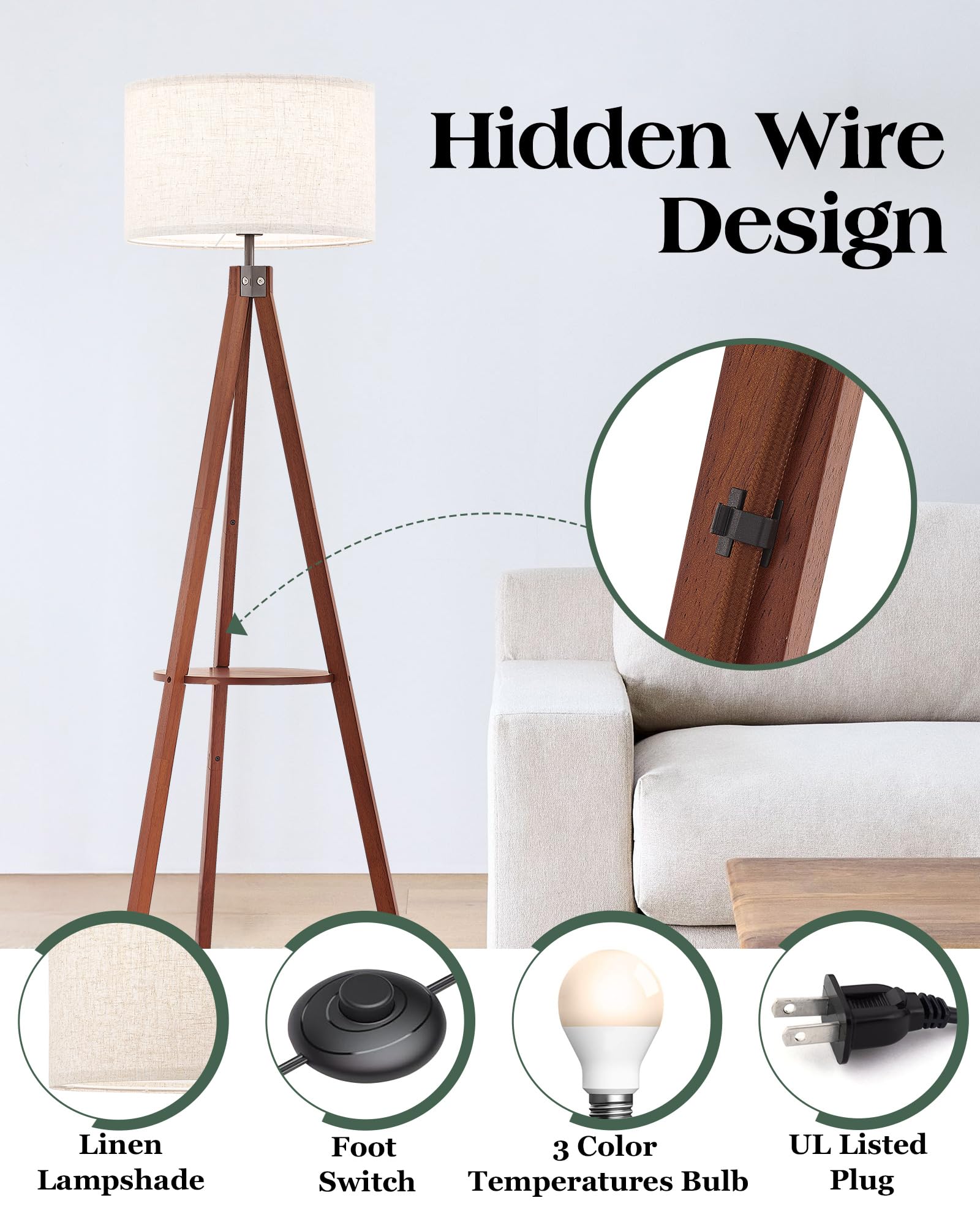 Elyona Tripod Floor Lamp With Shelves, 3 Color Temperatures Led Modern Wood Table Reading Standing Light, Wooden Shelf Floor Lam