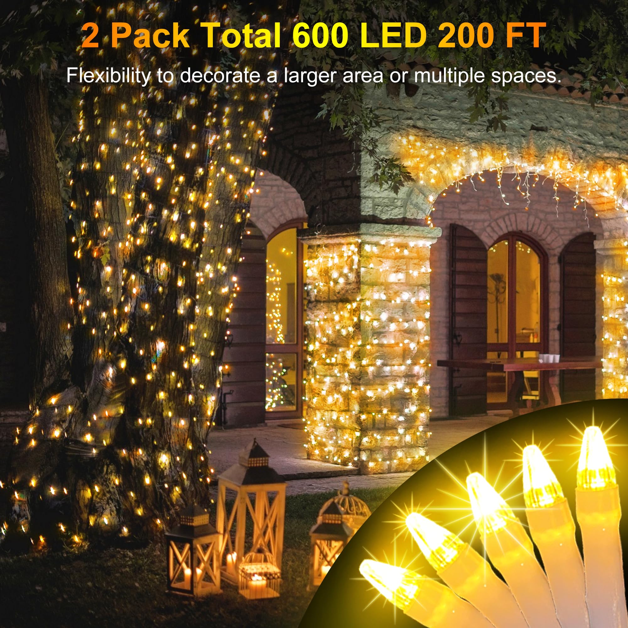 HRANBOTY 2 Pack 600 LED Christmas String Lights, Warm White, 200FT, Connectable, 8 Modes, Indoor Outdoor Decor