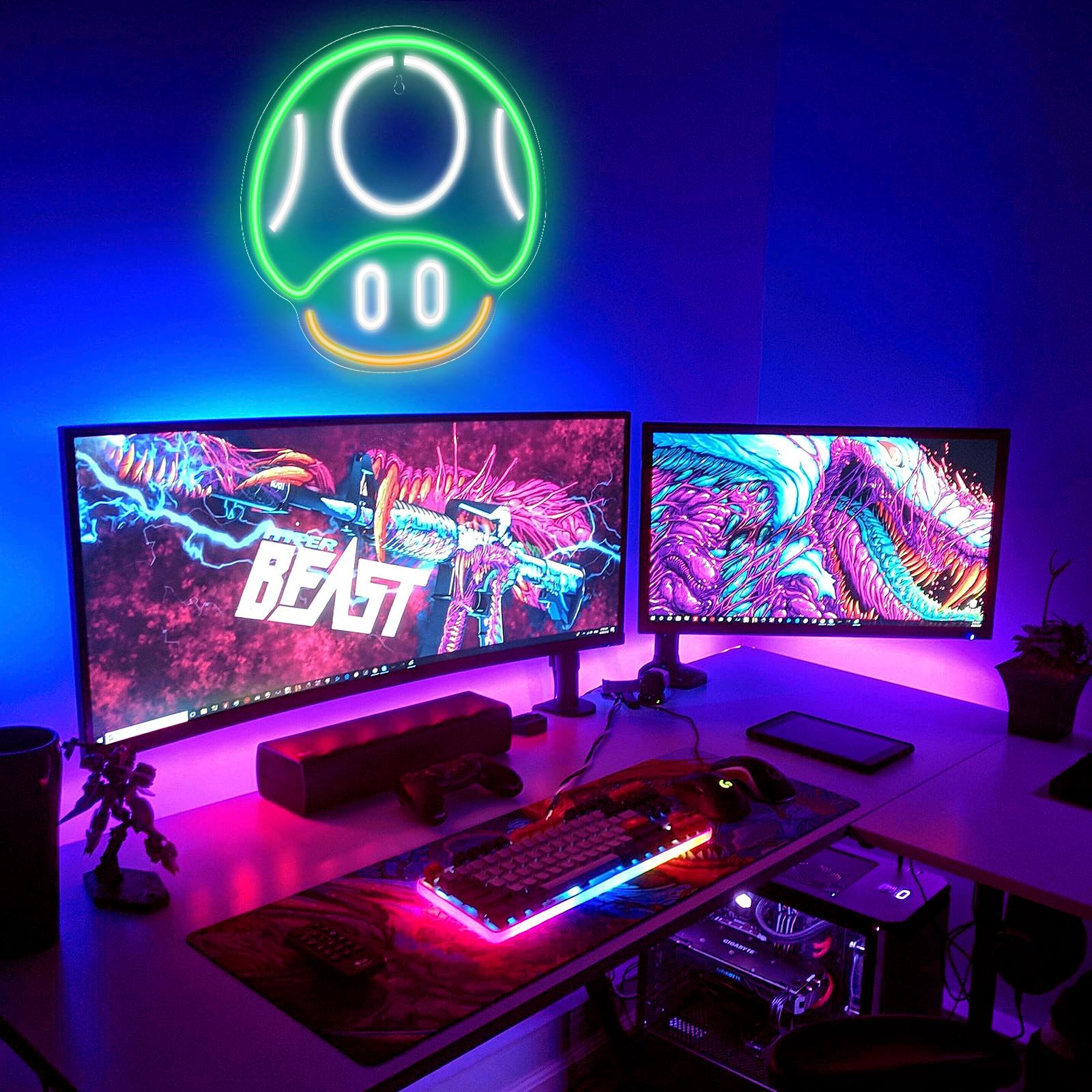 Kavaas Green Gaming Neon Sign - Mushroom Wall Decor For Game Room, Kids & Man Cave