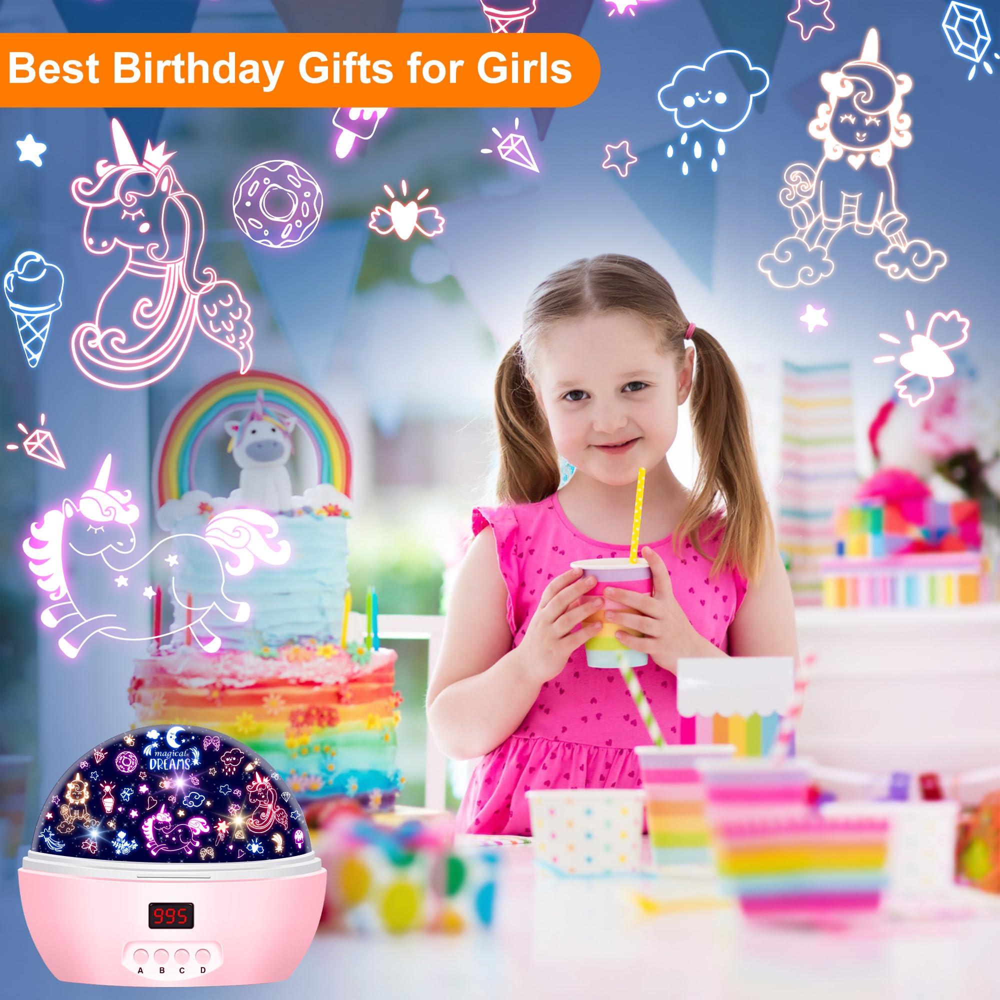 Mokoqi Kid Unicorn Night Light For Girls  And Baby Bear Night Lights Rotating Light Projector With Timer Color Changing Birthday Gifts For 3-5-10 Year Old Girls