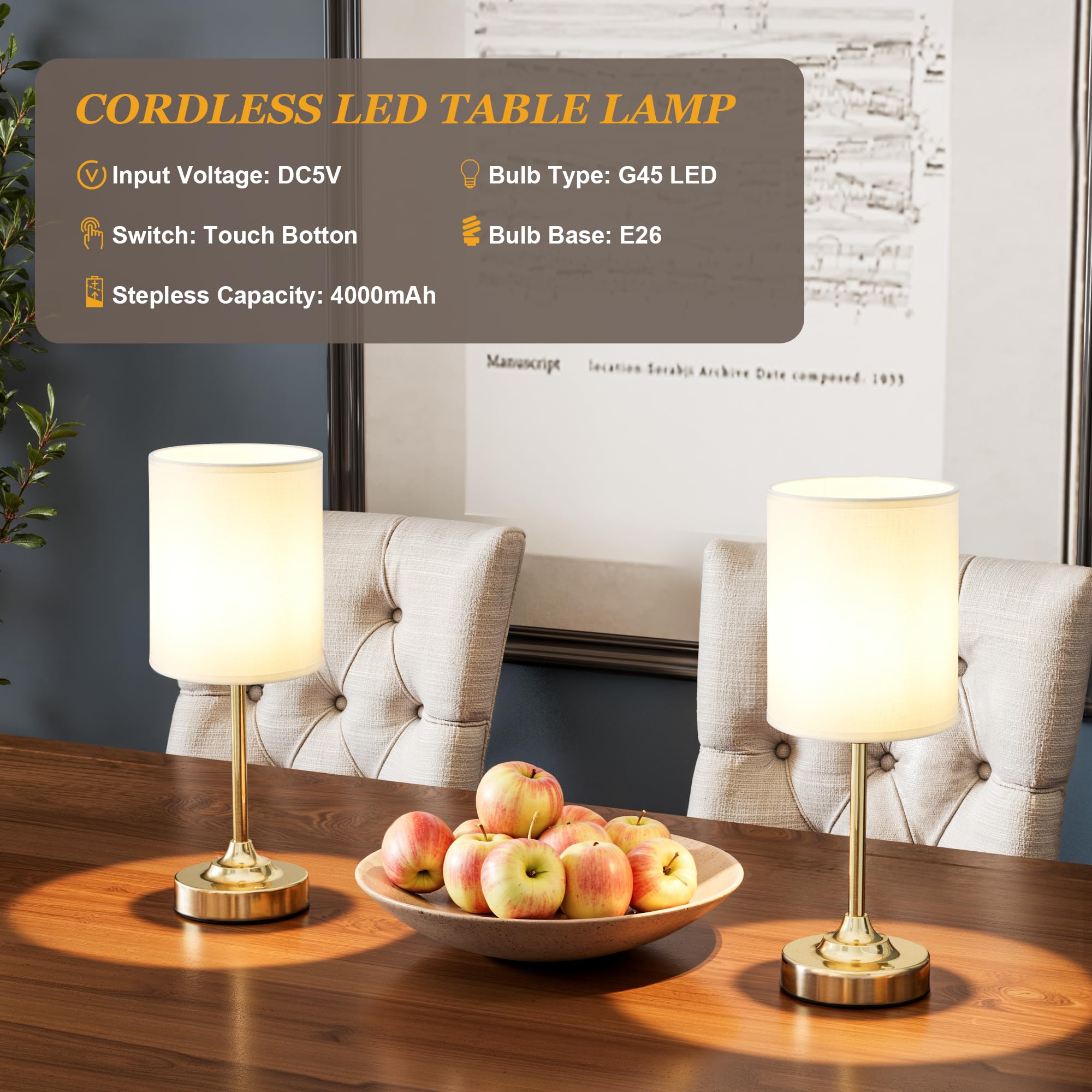 Touch Control Cordlss Table Lamp  Usb-C Rechargeable Lamp With Stepless Dimming  4000Mah Battery Operated Vintage Bedside Lamp For Bedroom  Living Room  Night Light & Emergency Lighting  Brass  1 Pack