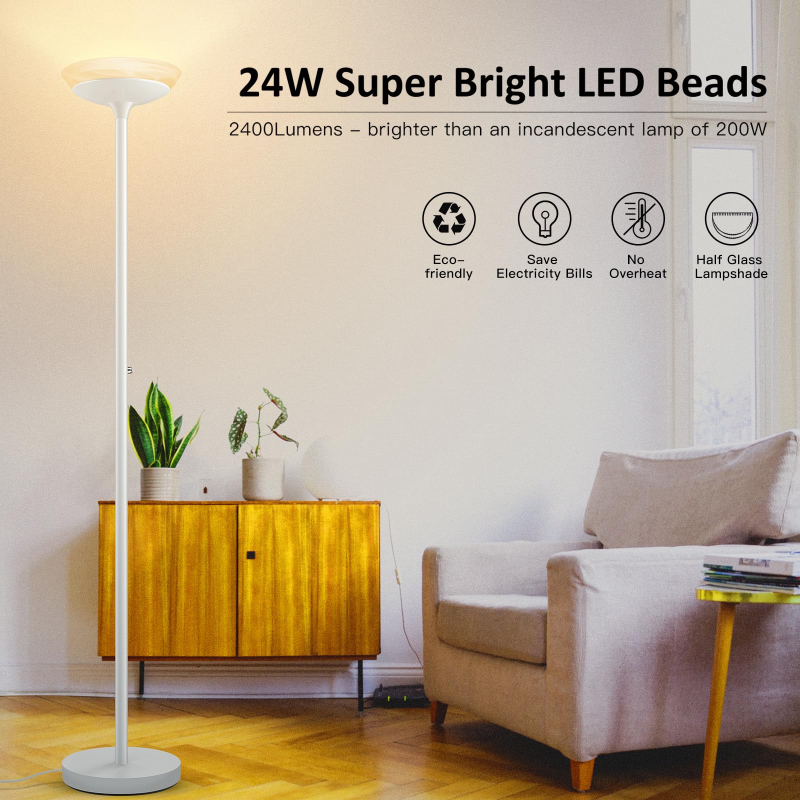 Boostarea Torchiere Floor Lamp, 24W Super Bright Led Standing Lamp, Stepless Dimmable Pole Lamp With 3000K Lighting, Glass Lamps