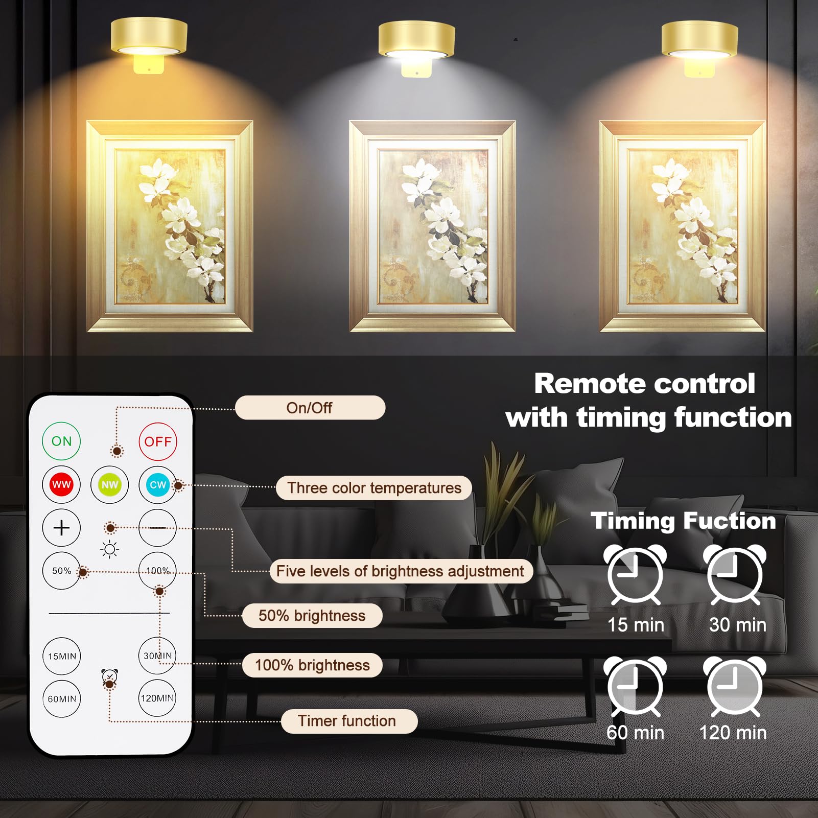 Ttq 4Pcs Magnetic Picture Lights Batteries Operated Painting Light With Telecontrol And Dimmable Timer,Gold Art Display Light Wireless Walls Decor Puck Lights For Picture Frame Artworking Portraits