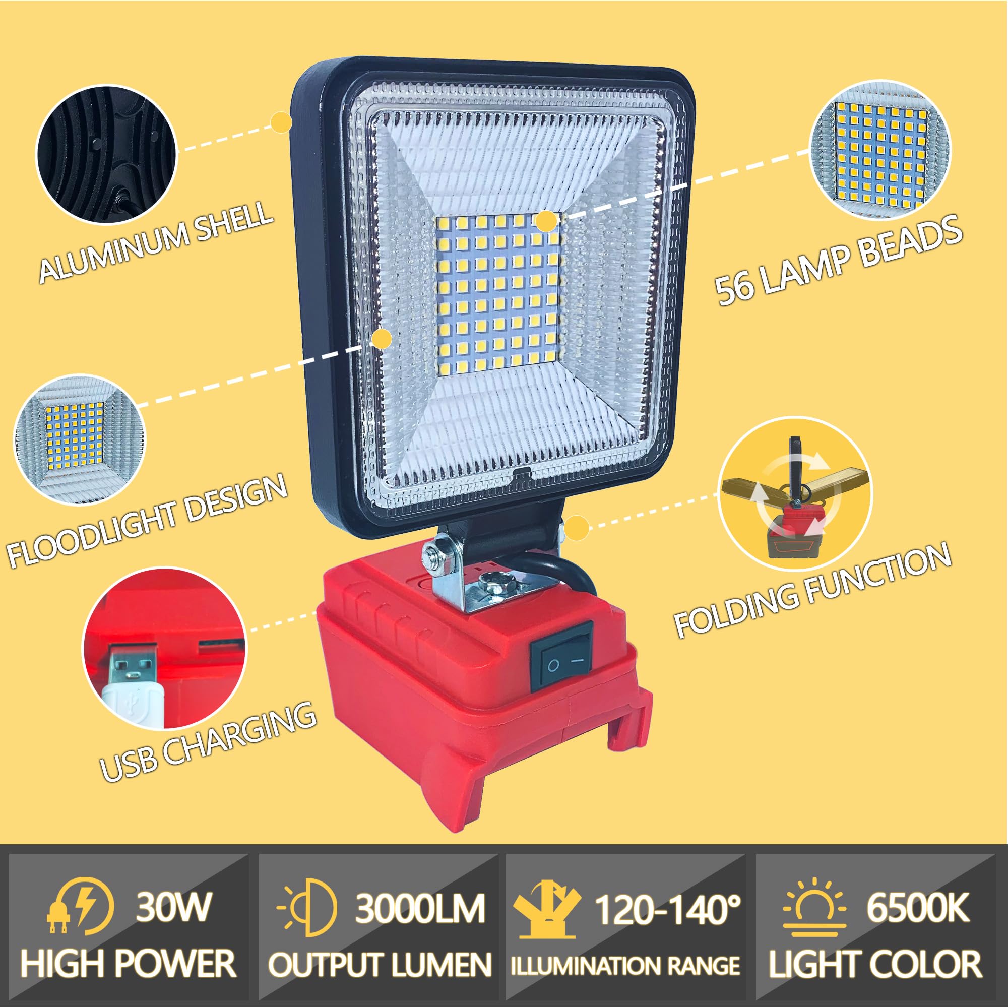 Cordless Led Work Light For Milwaukee 18V Battery, 30W 3000Lumens Battery Powered Work Lights For Battery, Portable Led Light Wi