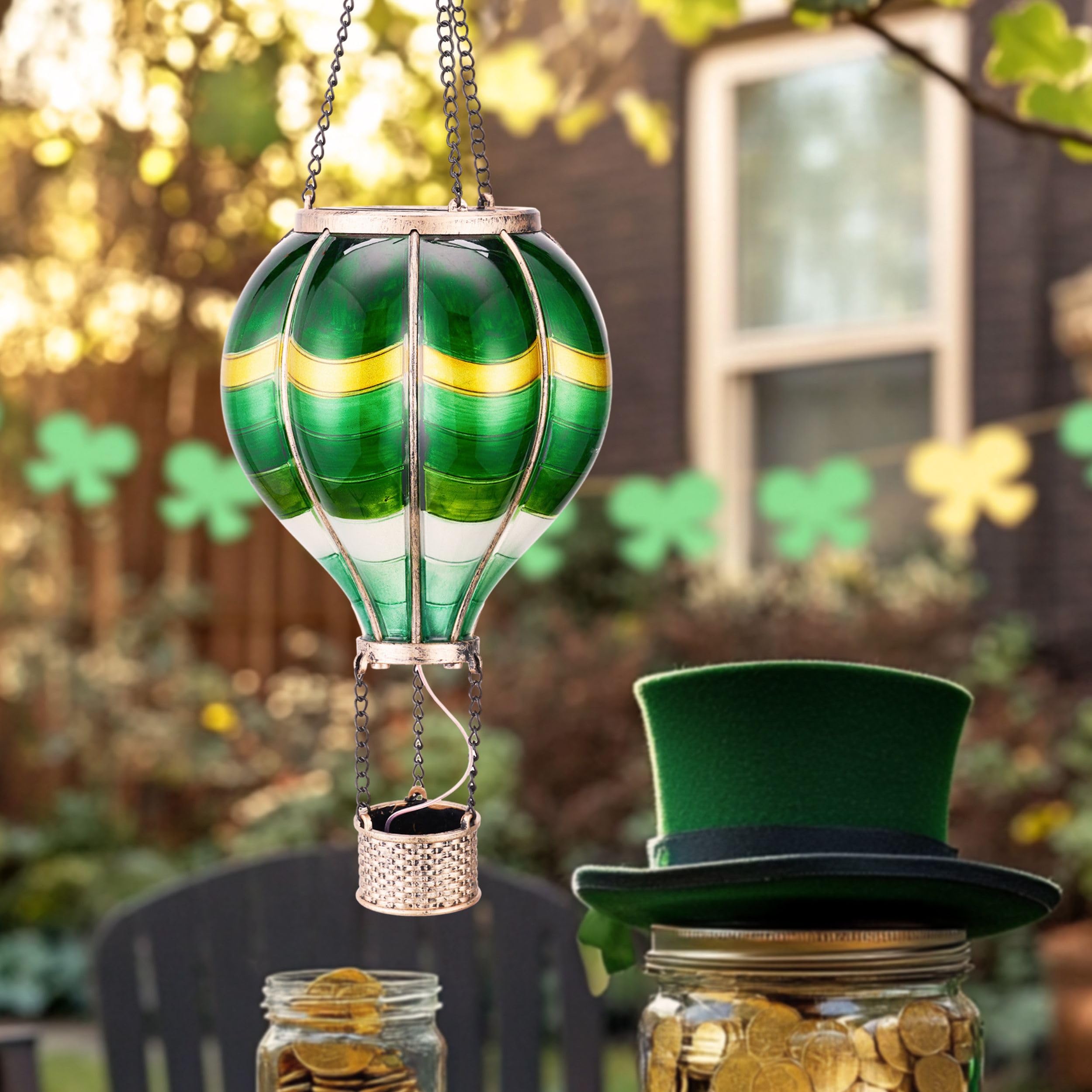 TeresaS Collections Hot Air Balloon Solar Lantern For Outdoor Garden Decor  Hanging Flickering Flame Outdoor Lights For Trees  Green St PatrickS Day Decorations For Party FatherS Gift