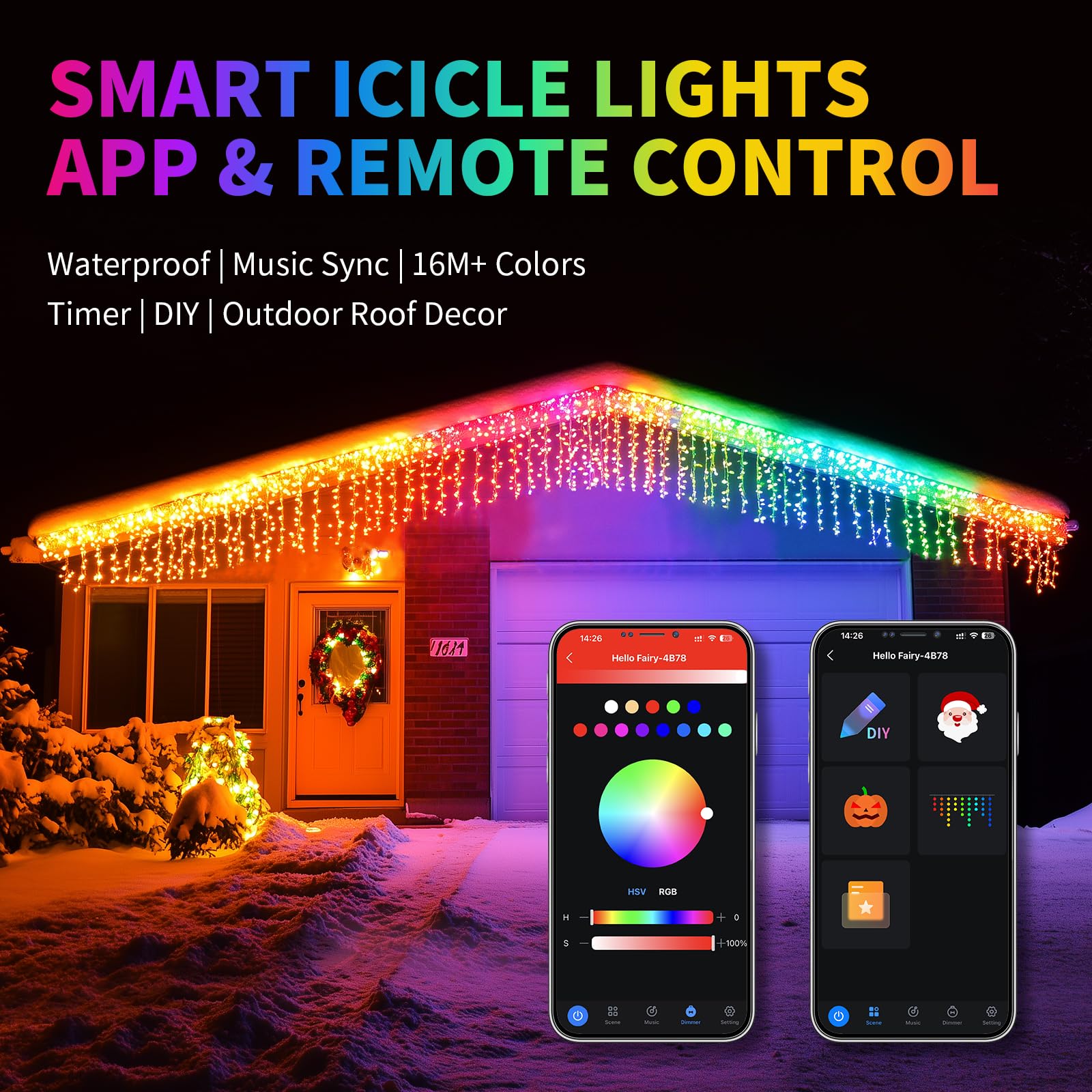 NAWEISIX Smart RGB LED Icicle Lights - Waterproof, App Control, Music Sync, 33ft, Multicolor, Model BESL79