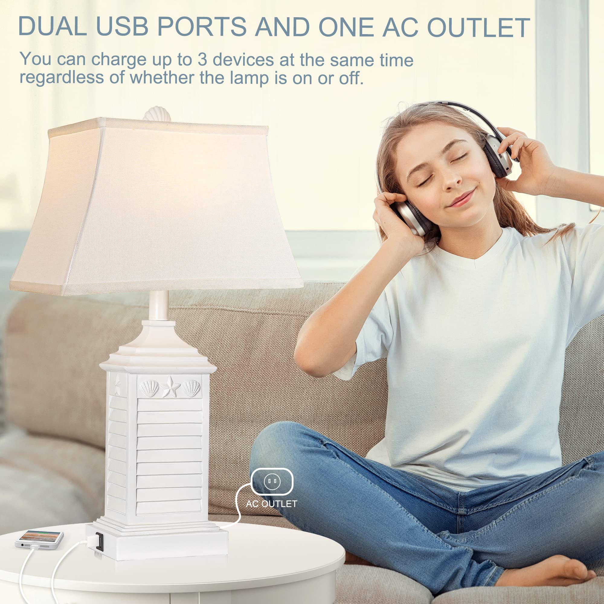 Hamucd Table Lamps Set of 2, USB Ports & AC Outlet, Modern Resin, White, Coastal Design, Nightstand Lamp (Bulbs Included)