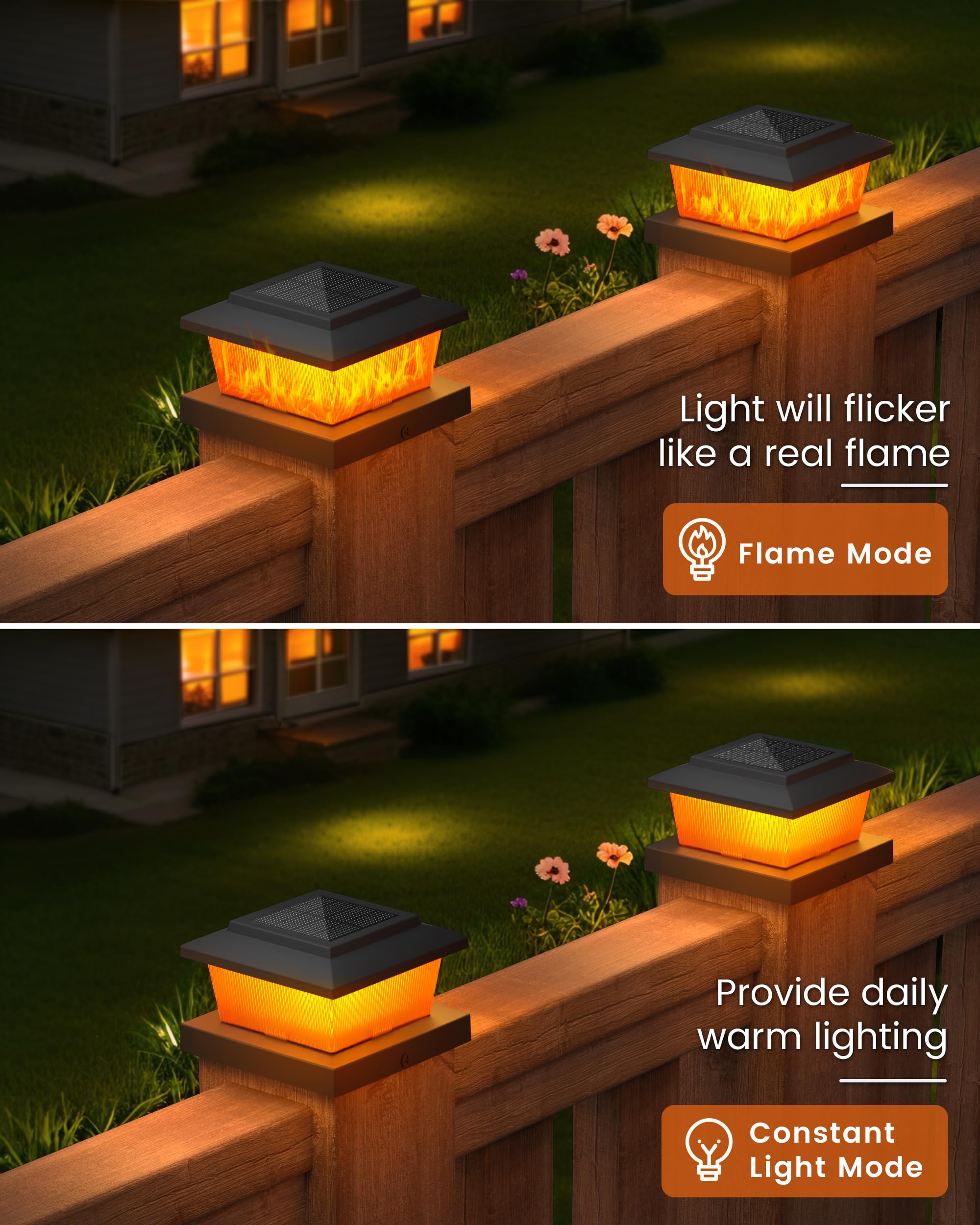 Volisun Solar Fence Post Cap Lights 8Pack  Black Solar Deck Cap Flame Light Outdoor Waterproof  High Brightness Flickering Flame Smd Led Lighting  For 4X4 Wooden/4X4 5X5 Vinyl Post