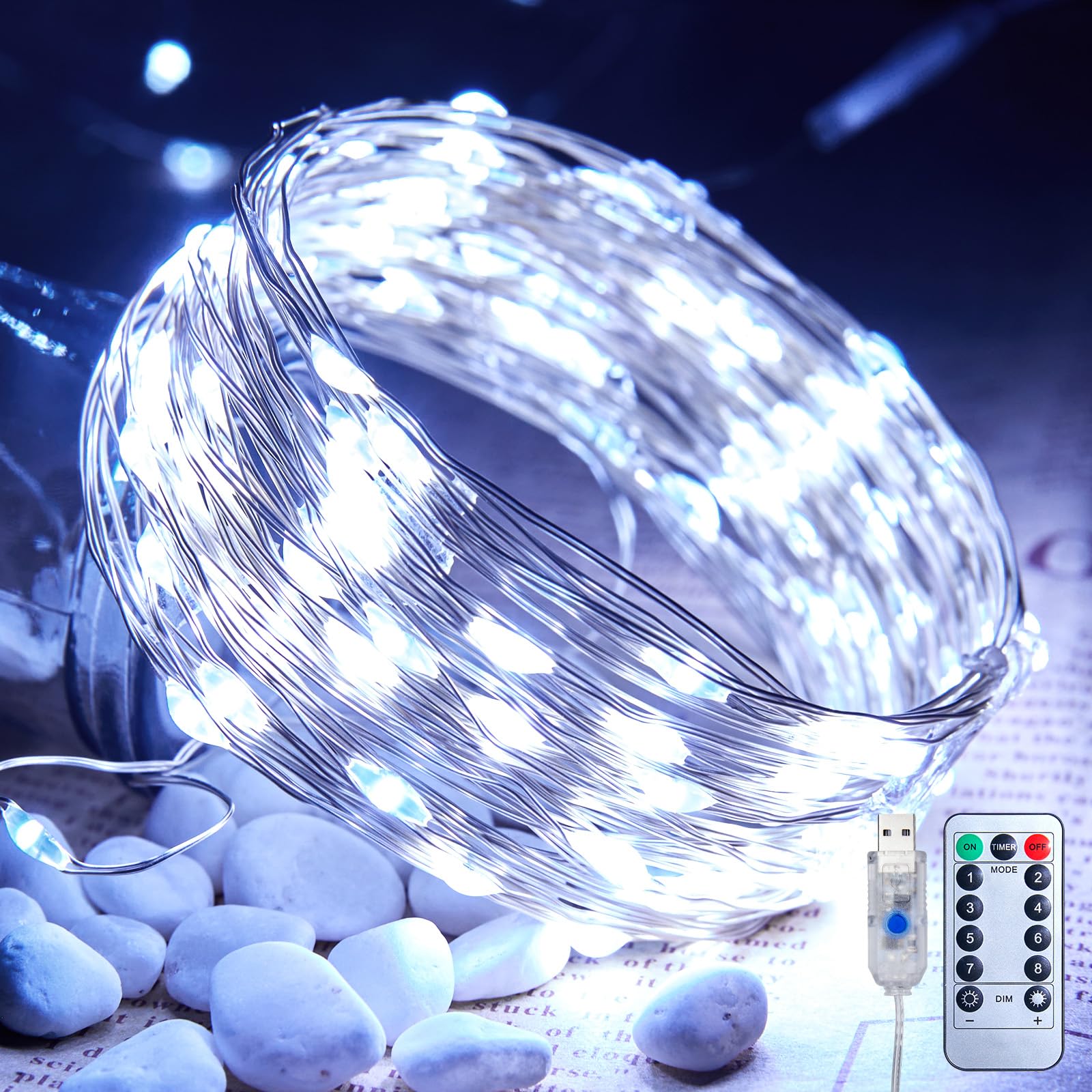 Minetom USB Fairy Lights Plug in, 33 Feet 100 LED Twinkle String Lights with Remote and Timer, Waterproof 8 Modes Starry Lights for Indoor Wreath DIY Party Wedding Christmas Decoration, Pure White