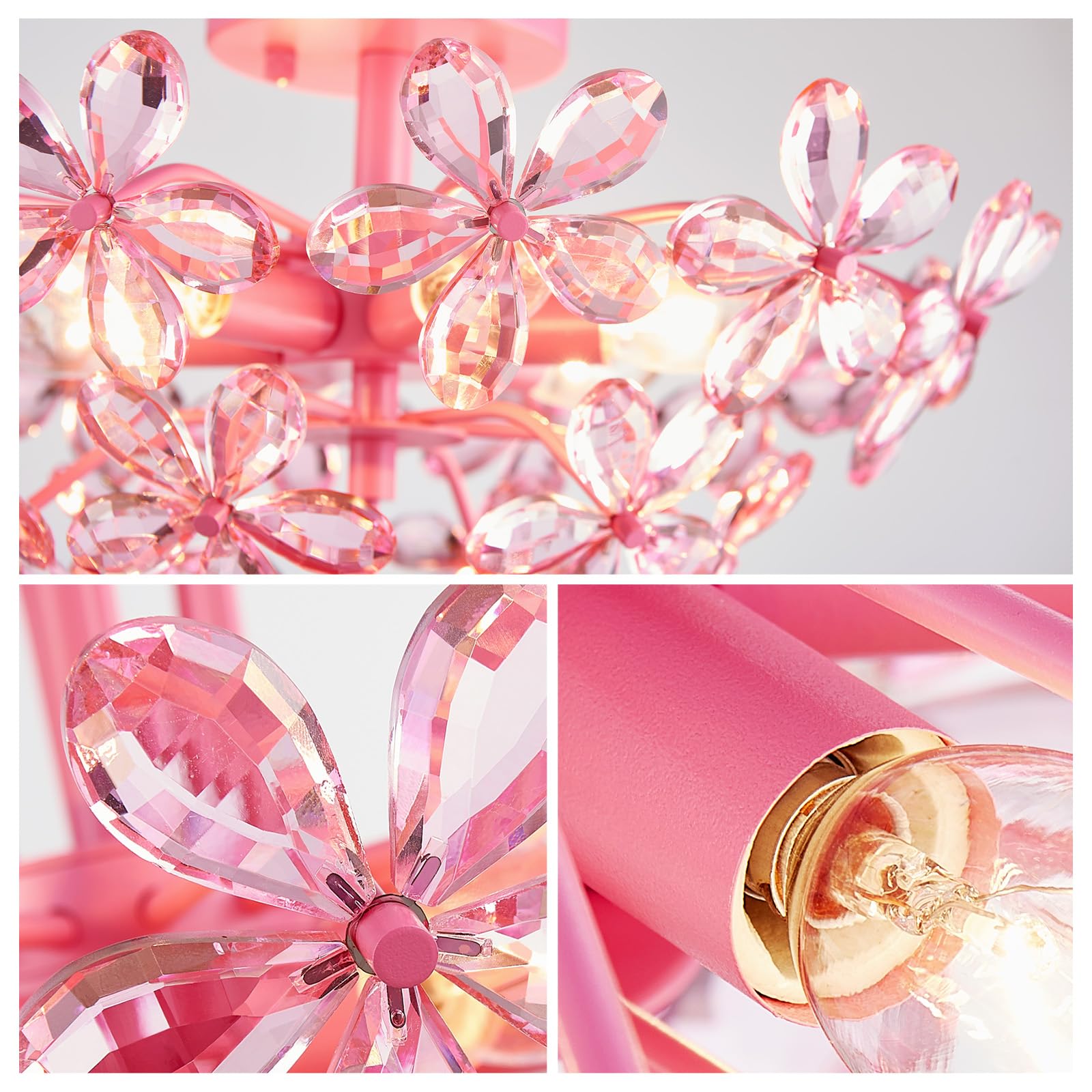 WUZUPS Crystal Chandelier Flushmount Ceiling Light, 8.9in H x 17.7in W, Pink, Metal, 6 Lights, Model USHD90013C-P