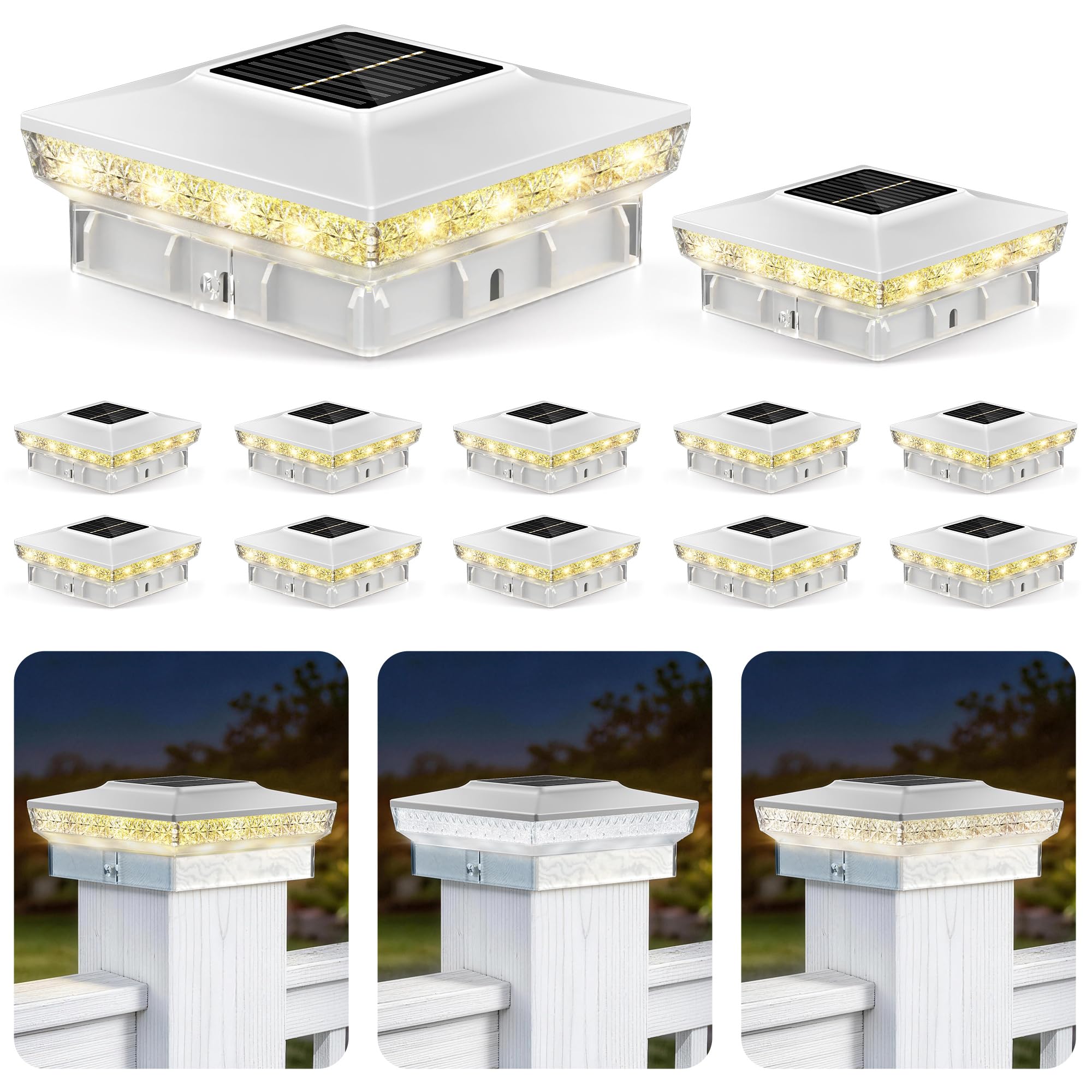 KEILAIMO Solar Post Cap Lights 12 Packs for 4x4 Wooden/Vinyl Posts, IP65 Waterproof Fence Post Solar Lights with Warm/Cool/Neutr