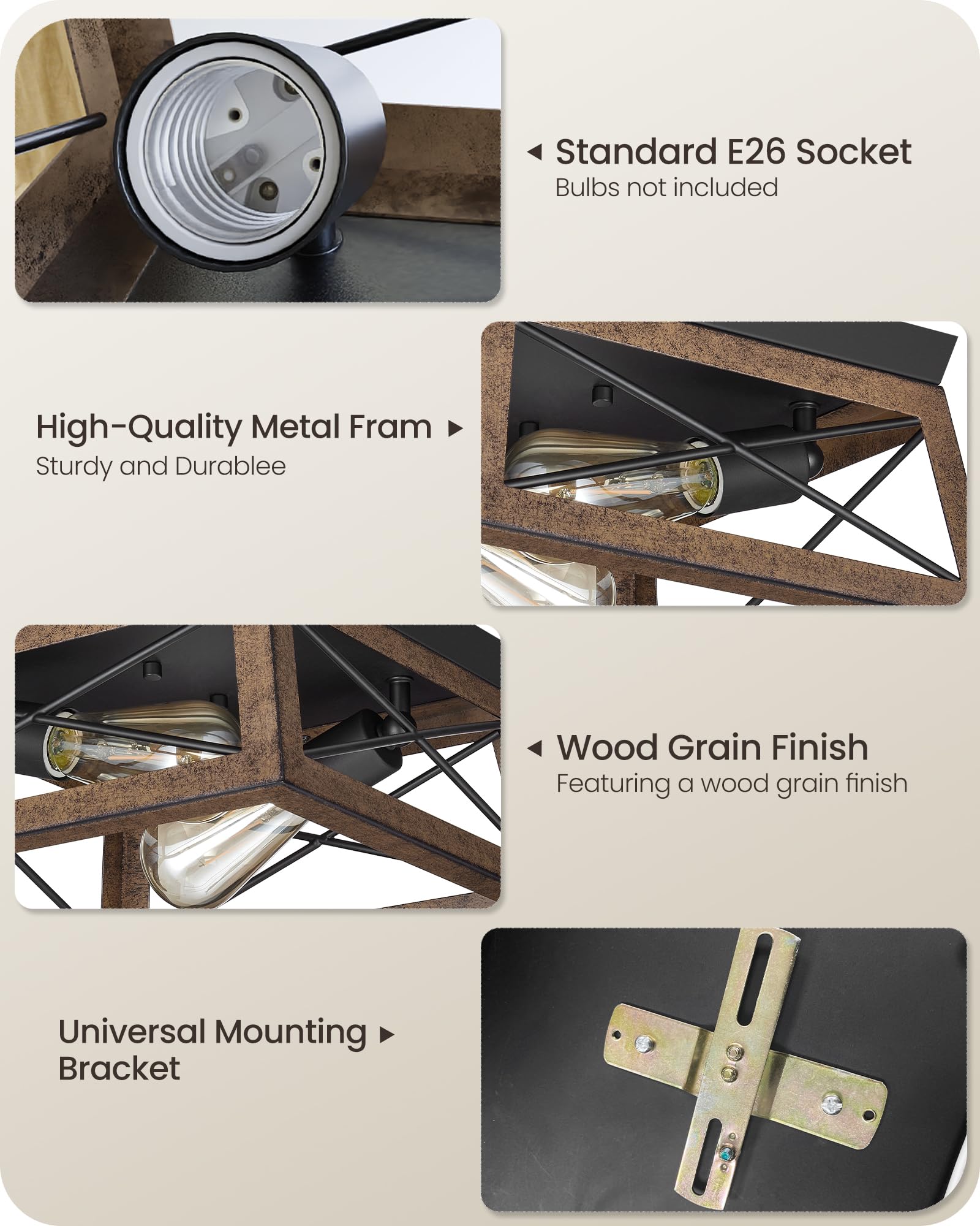 Goebleson Farmhouse Ceiling Light Fixture, Flush Mount Ceiling Light Fixtures, Metal Frame Brown Wood Grain, Rustic 2-Light Kitc